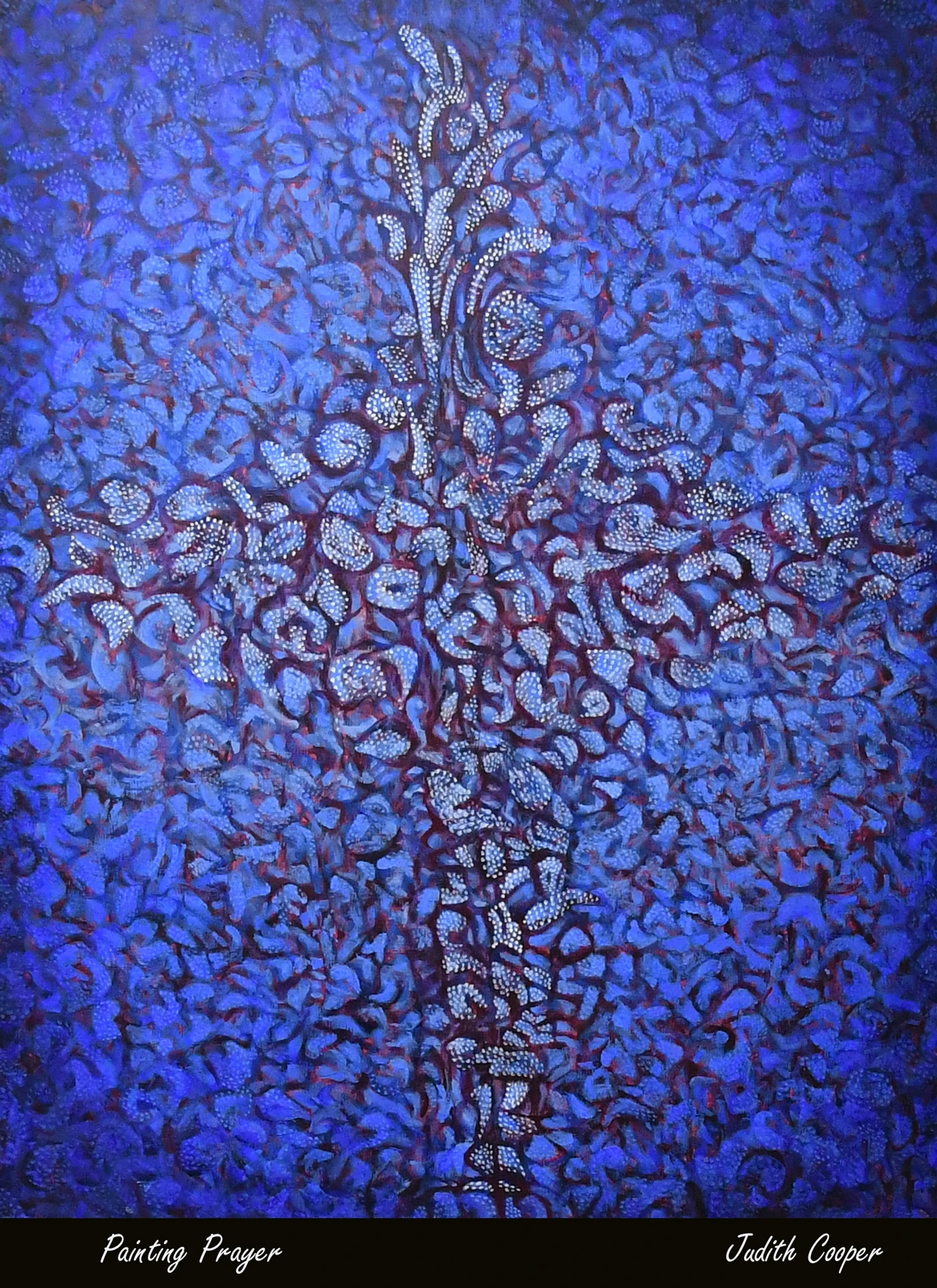 An abstract painting of a cross made from light blue, dot-covered shapes against a textured background of darker blues and reds. The title is at the bottom.