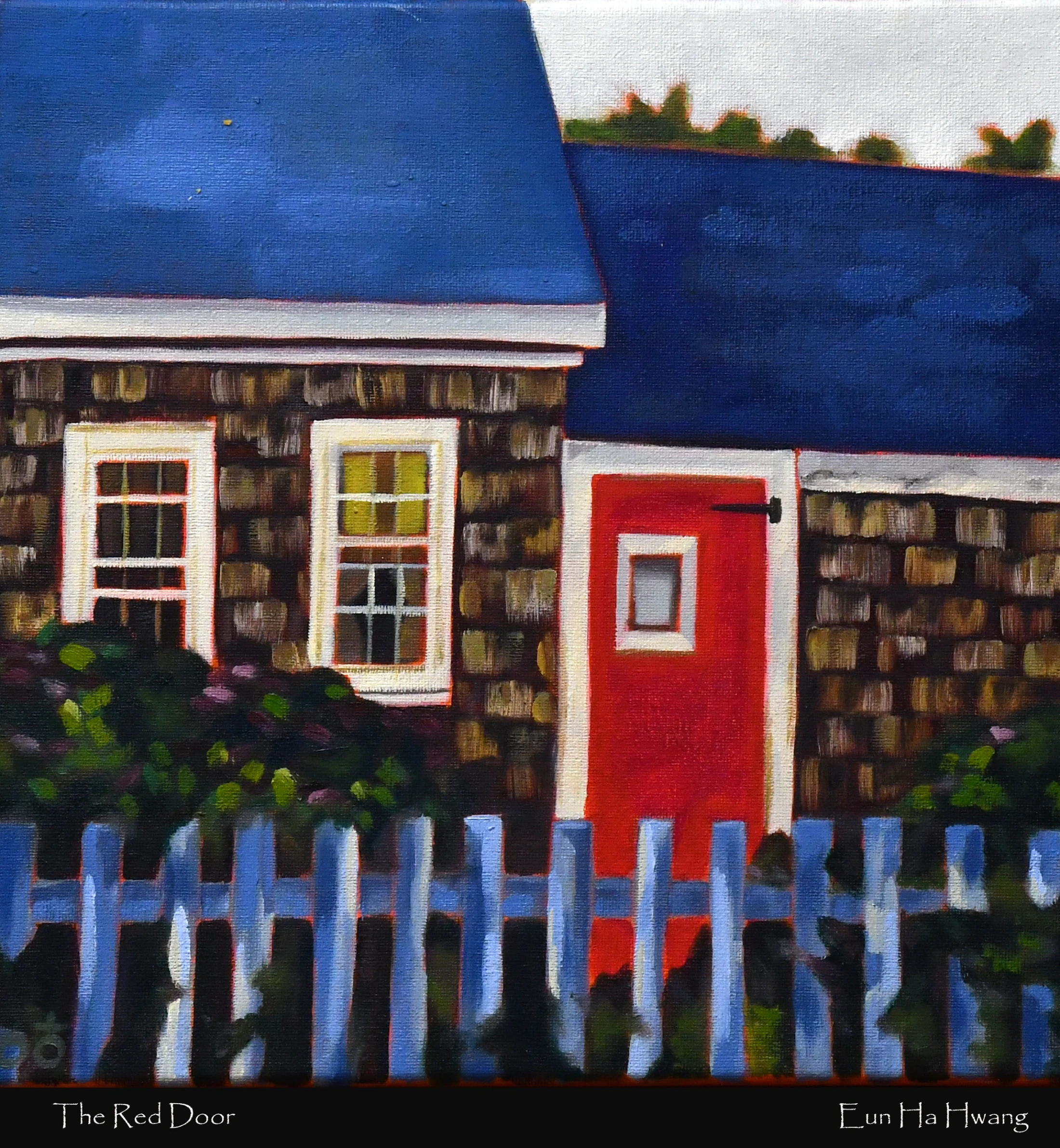 A painting of a shingled house with a steep blue roof, a bright red door, and a light blue picket fence in the foreground.