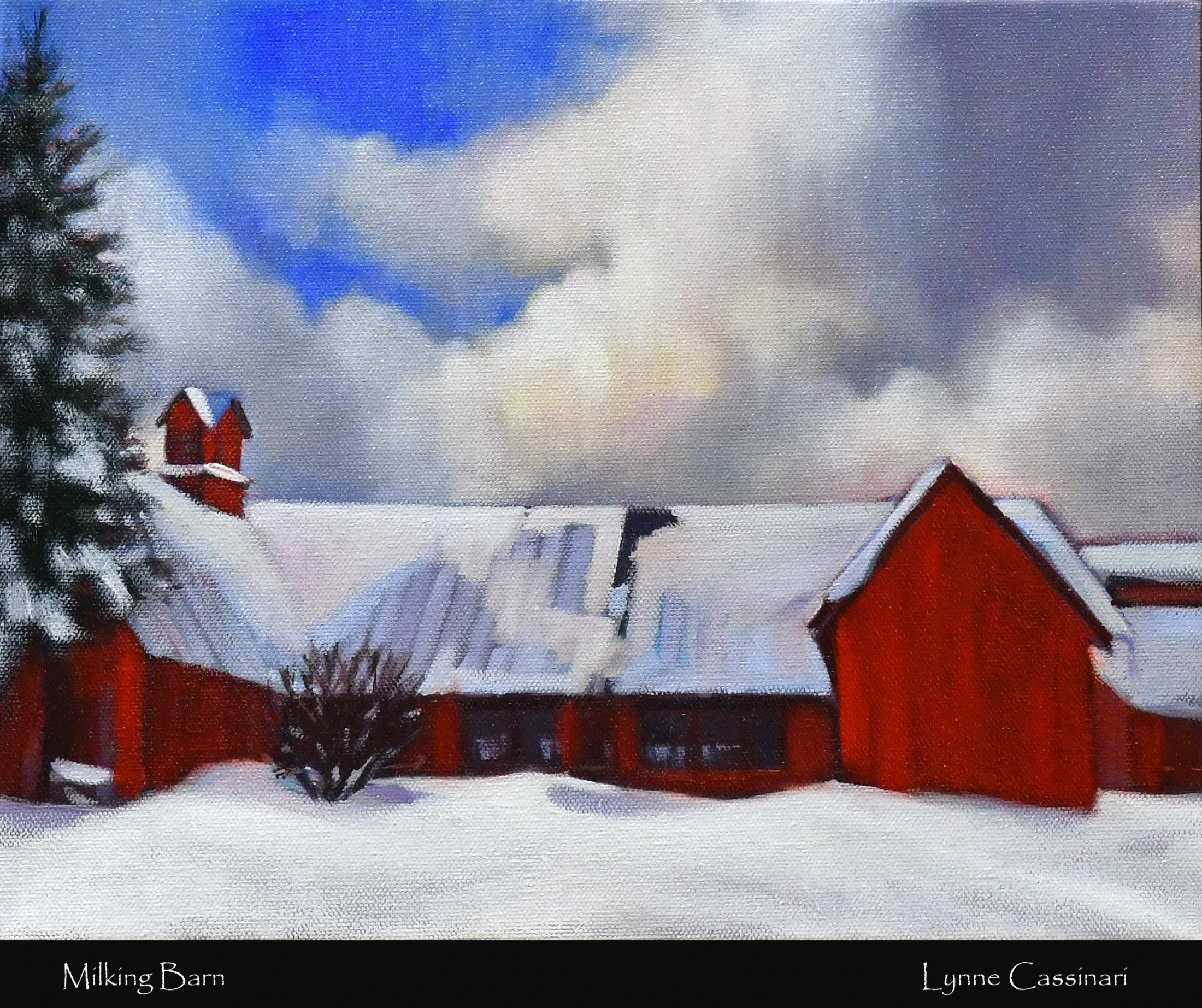 A painting of a long red barn on a winter day. The roof and ground are blanketed in snow under a blue sky with fluffy white clouds.
