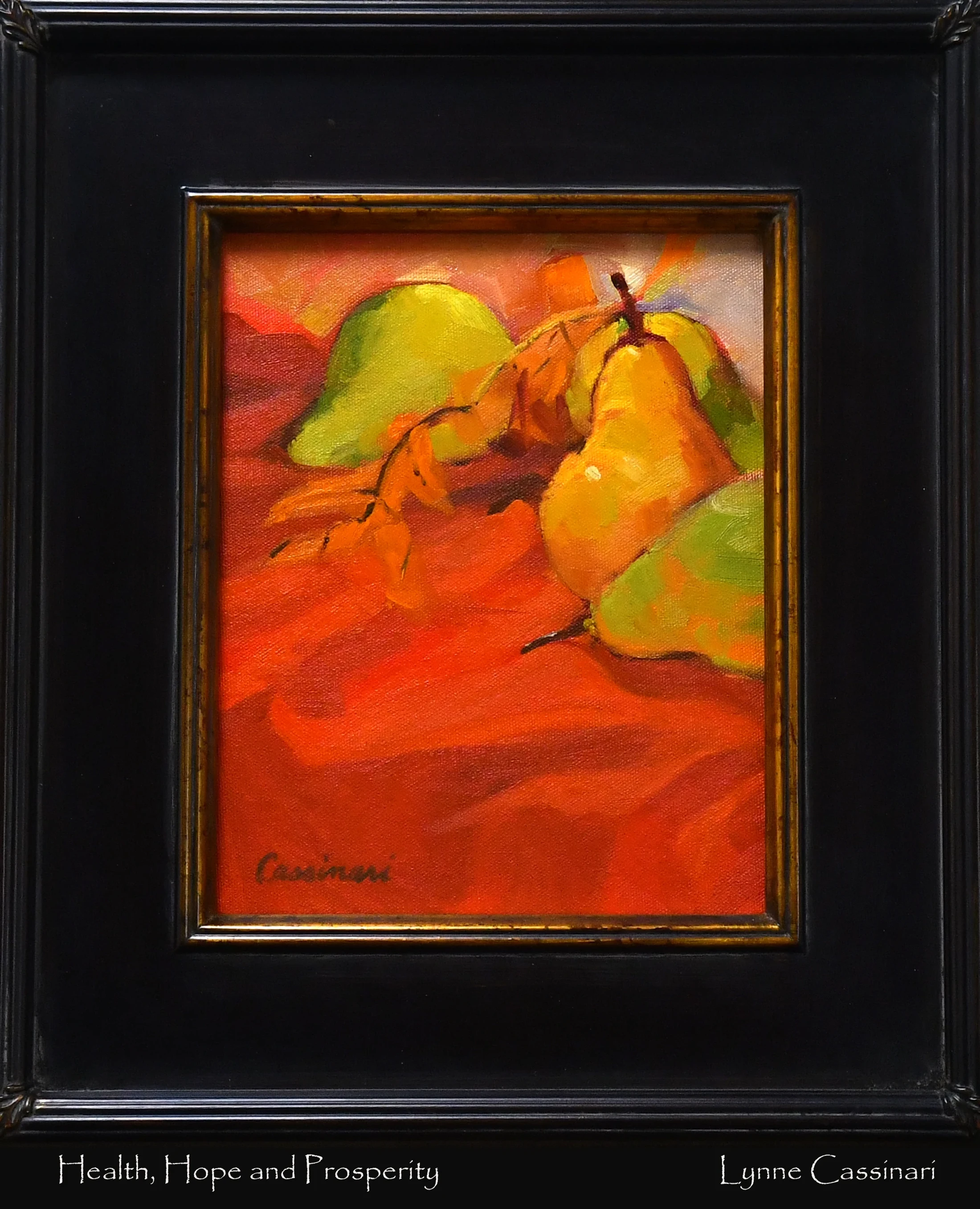 A still life oil painting of green and yellow pears with leaves resting on a vibrant red-orange surface, signed by the artist and set in a black frame.