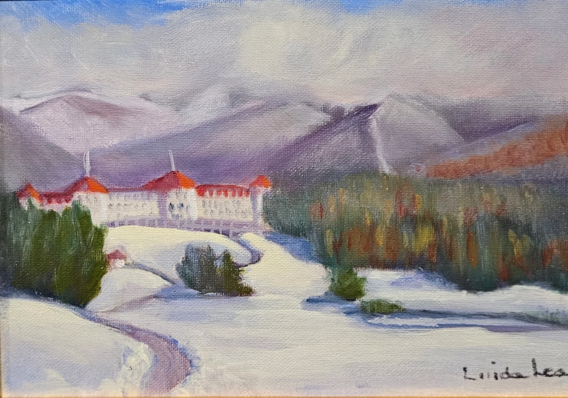 An oil painting of a grand white hotel with red roofs in a snowy landscape. Purple mountains are visible in the background under a partly cloudy sky.