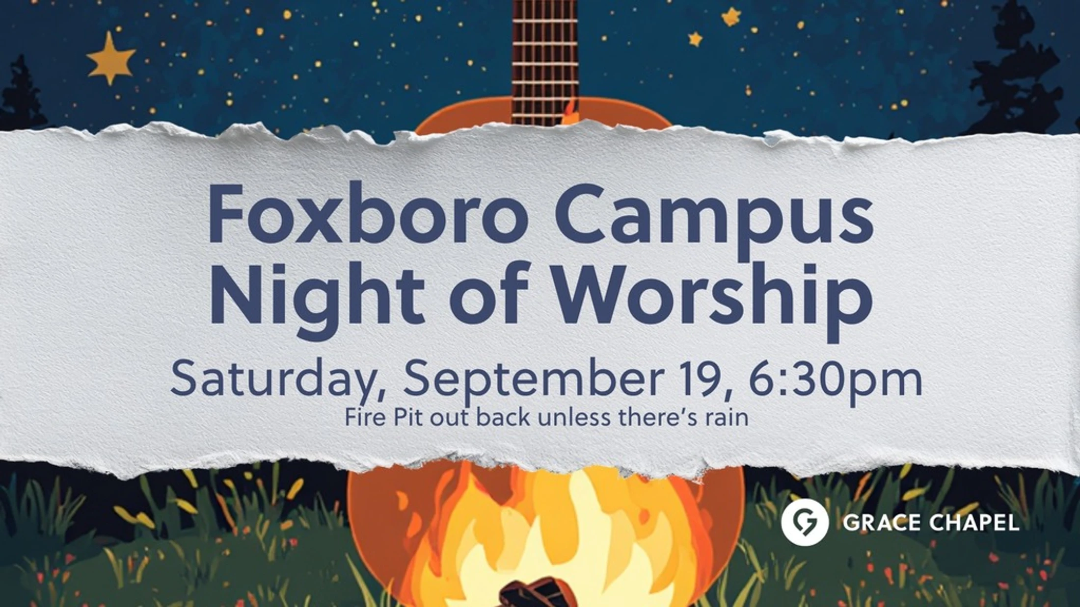 An event poster for a Night of Worship with a cartoon guitar, campfire, and starry night background. The event is on Saturday, September 19 at 6:30pm.