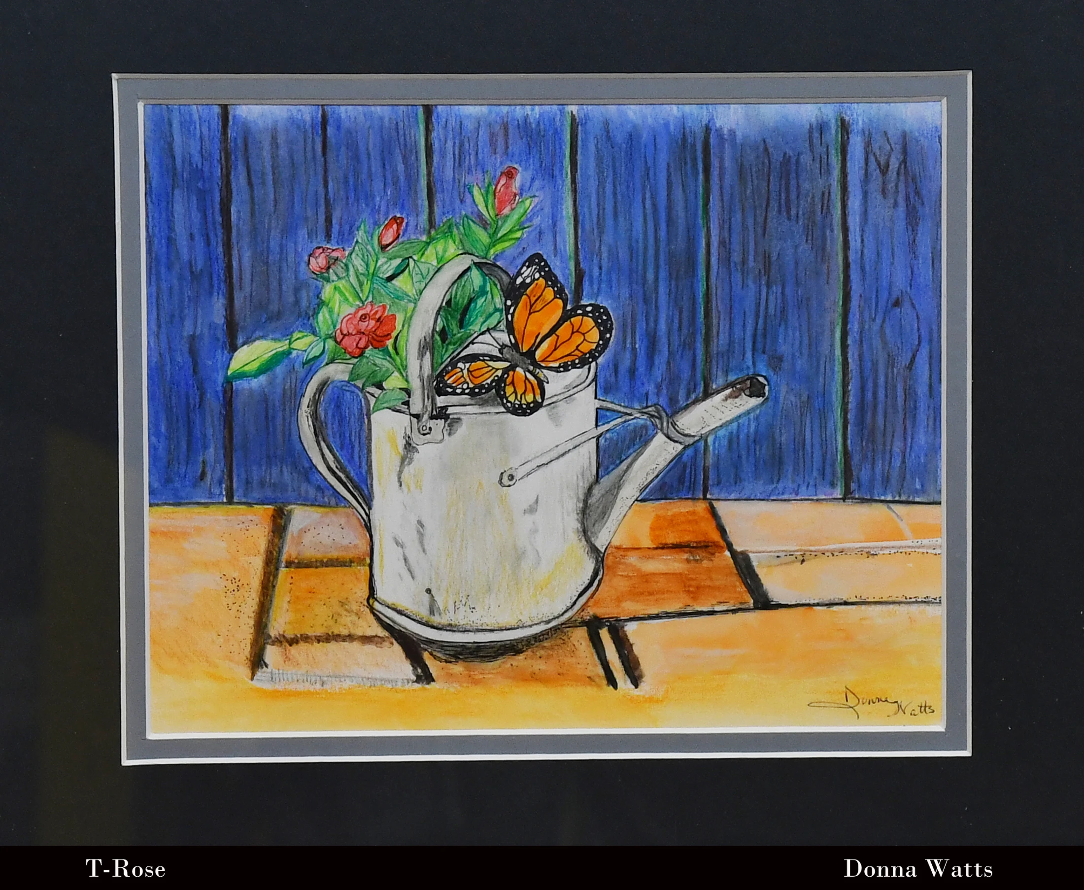 A colorful drawing of a silver watering can holding red roses. An orange and black monarch butterfly is perched on the handle, against a blue wooden fence.