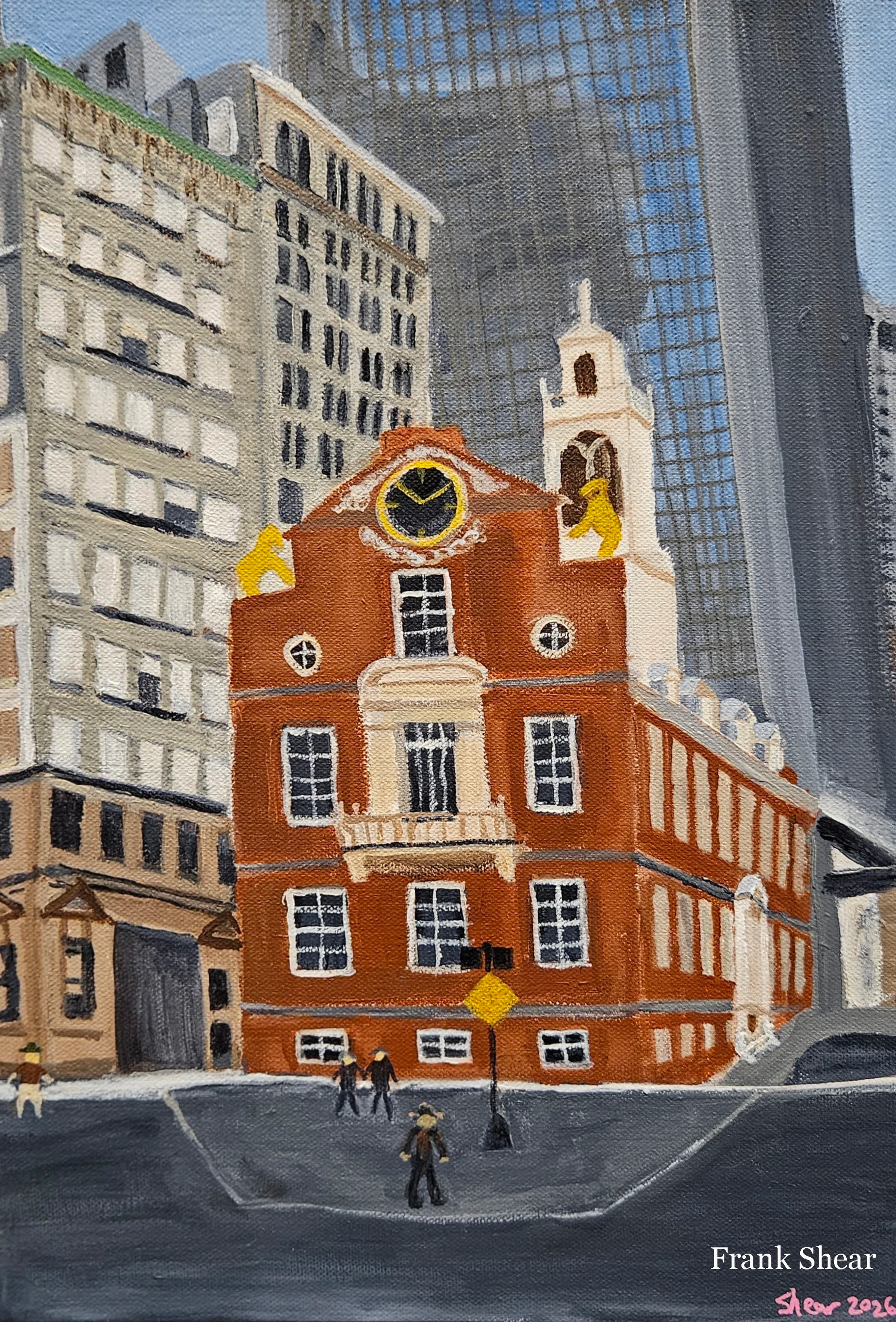 A painting of the historic red brick Old State House in Boston, dwarfed by modern glass skyscrapers in the background, showing a contrast of architecture.