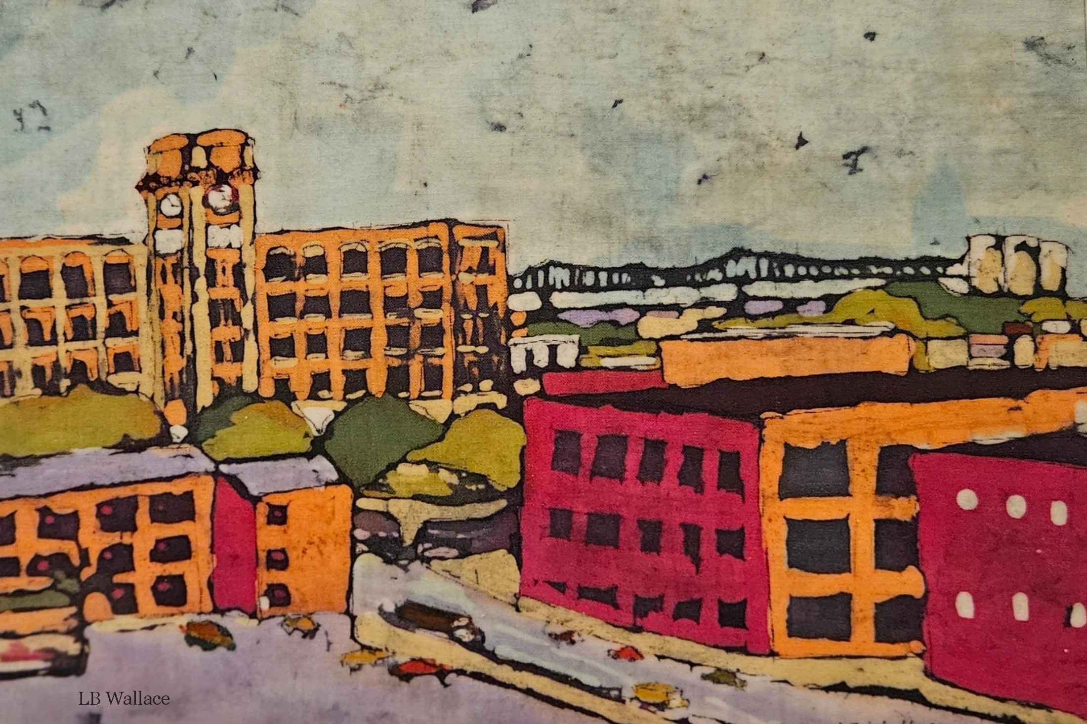 A stylized, colorful print of a city with orange and red buildings. A prominent clock tower stands on the left, with hills and a bridge in the background.