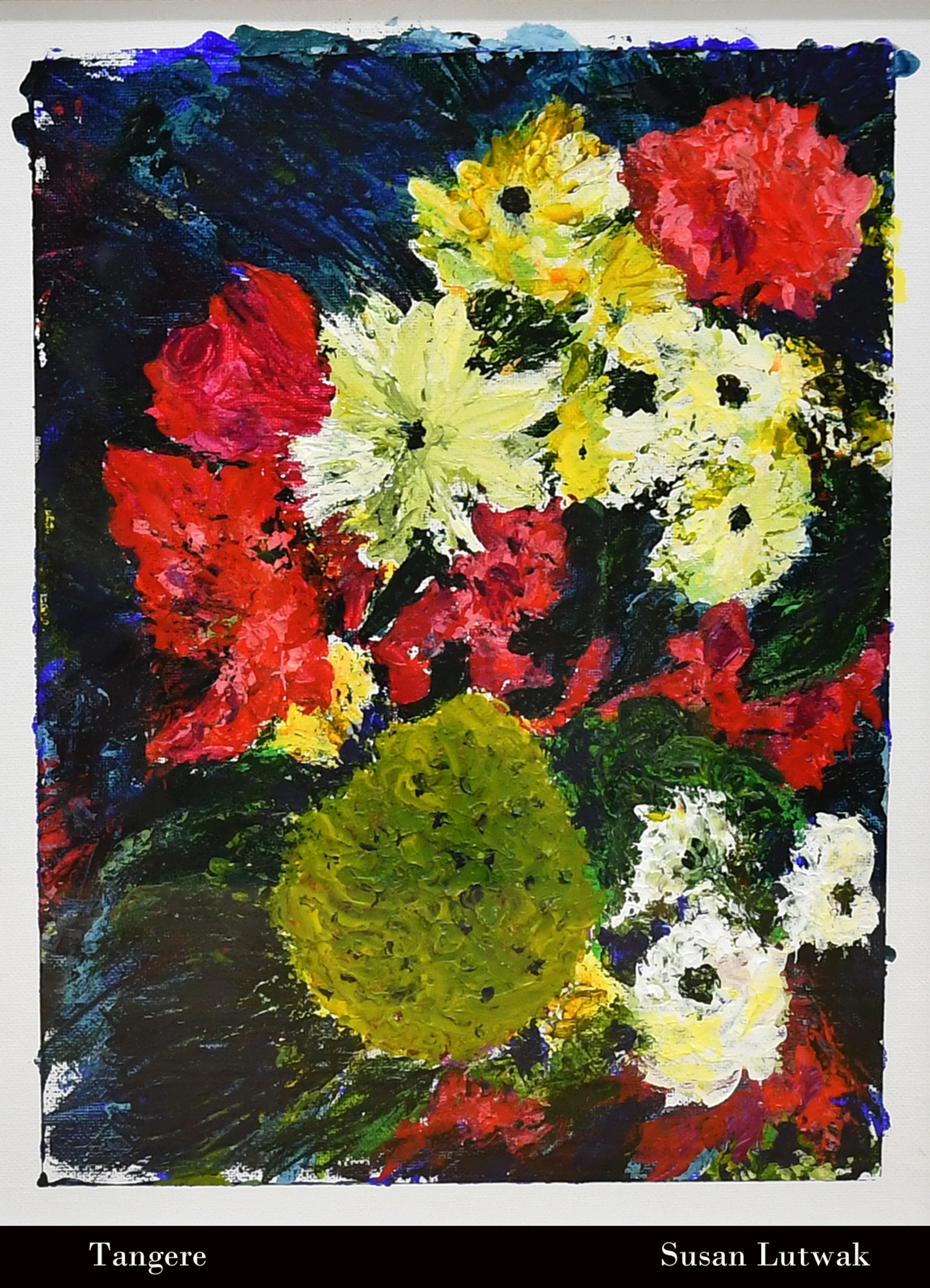 An abstract painting of a bouquet of flowers. The flowers are red, yellow, white, and green, rendered with thick, textured paint against a dark background.