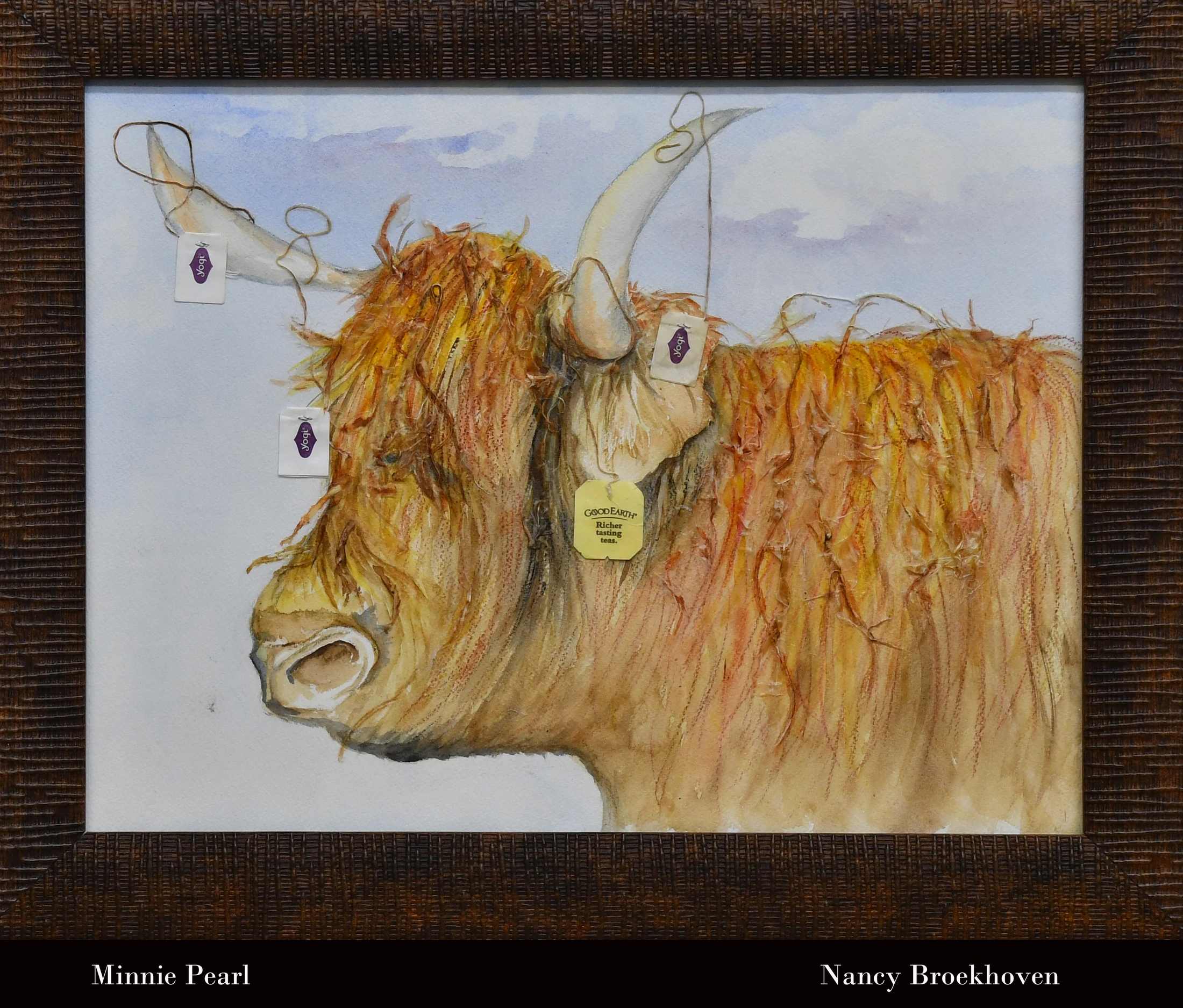 A framed mixed-media artwork of a shaggy, reddish-brown Highland cow in profile, with several tea bag tags hanging from its horns and fur.