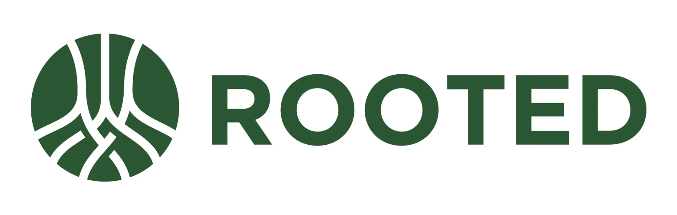 The logo for a company called Rooted. It features a dark green circle icon with a white, abstract root design, next to the word 'ROOTED' in a bold green font.