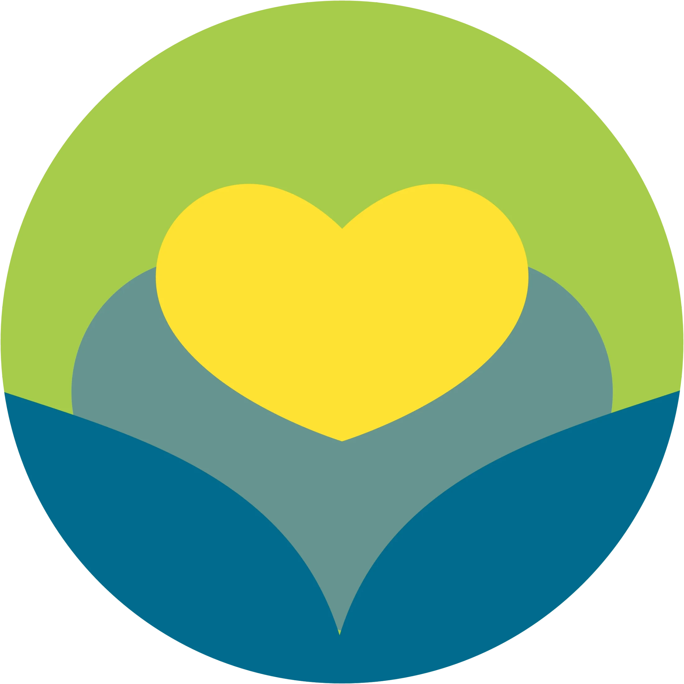A circular logo featuring a yellow heart over layered shapes resembling hills or leaves in shades of blue and green. The background is light green.
