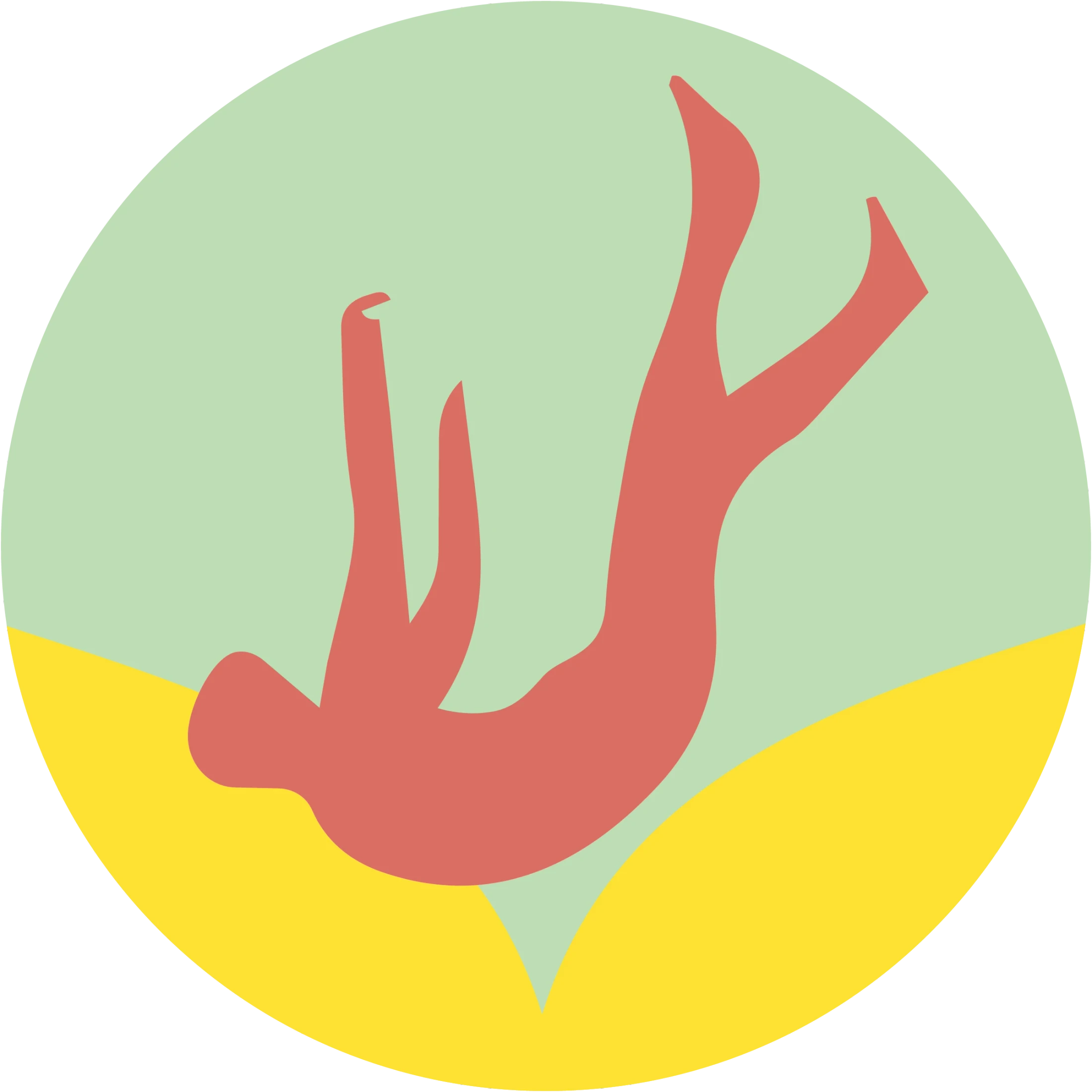 A circular graphic with a stylized red figure falling backwards. The background is pale green on top and bright yellow on the bottom, shaped like an open book.