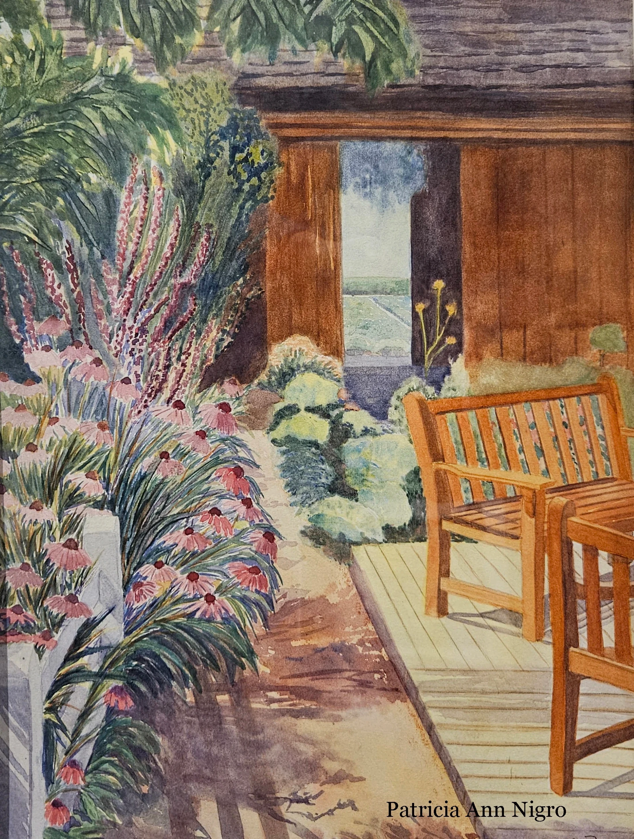 A watercolor painting of a sunlit garden patio. Pink coneflowers grow beside a wooden deck with a bench. An open door in the background reveals a distant field.