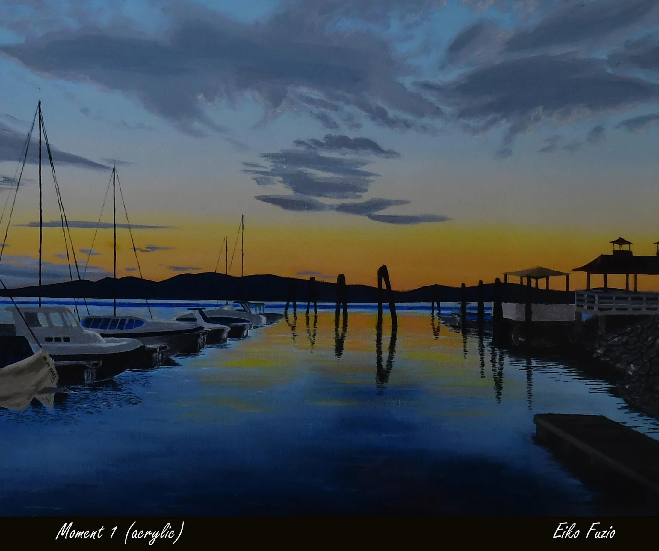 An acrylic painting of boats docked in a calm harbor during a colorful sunset. The sky and silhouettes of the boats are reflected in the still, blue water.