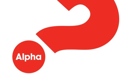 The Alpha New England logo, which features a large red question mark with the word 'Alpha' inside the dot, set against a white background.