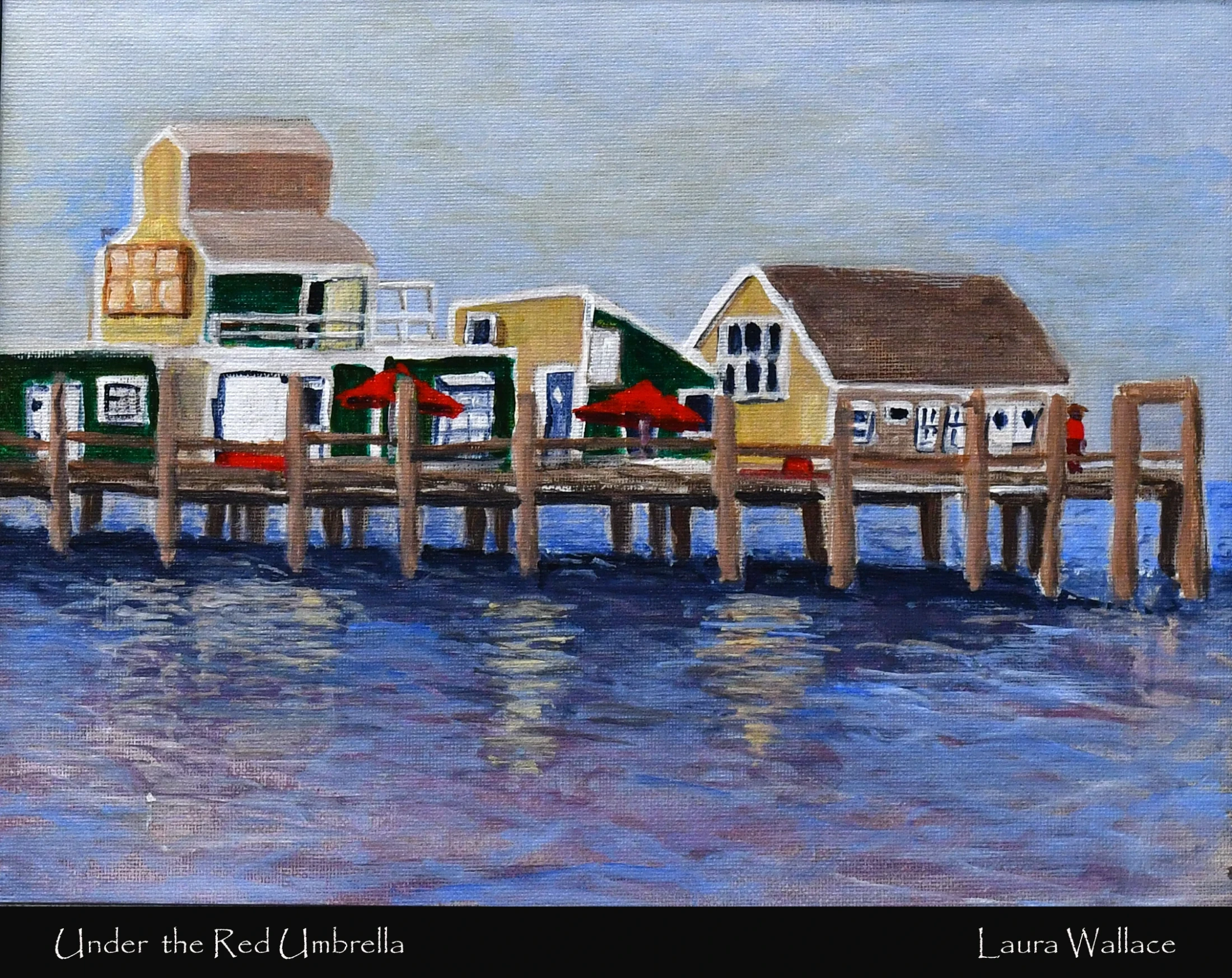 An impressionistic painting of colorful buildings on a wooden pier over rippling blue water. Two bright red umbrellas stand out on the dock.