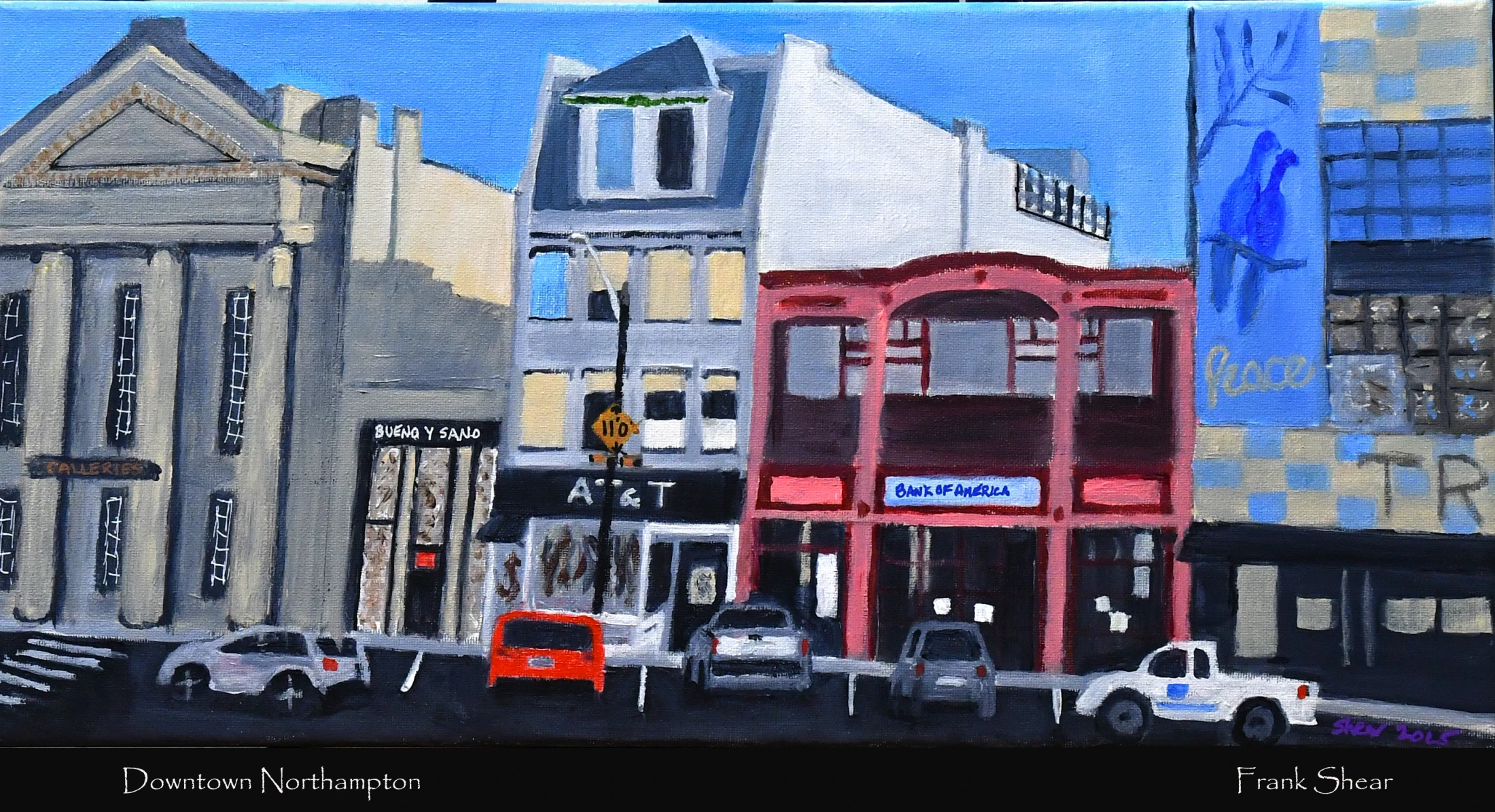 A colorful painting of a street in Downtown Northampton. It shows several buildings with storefronts like Bank of America and AT&T, with cars parked in front.