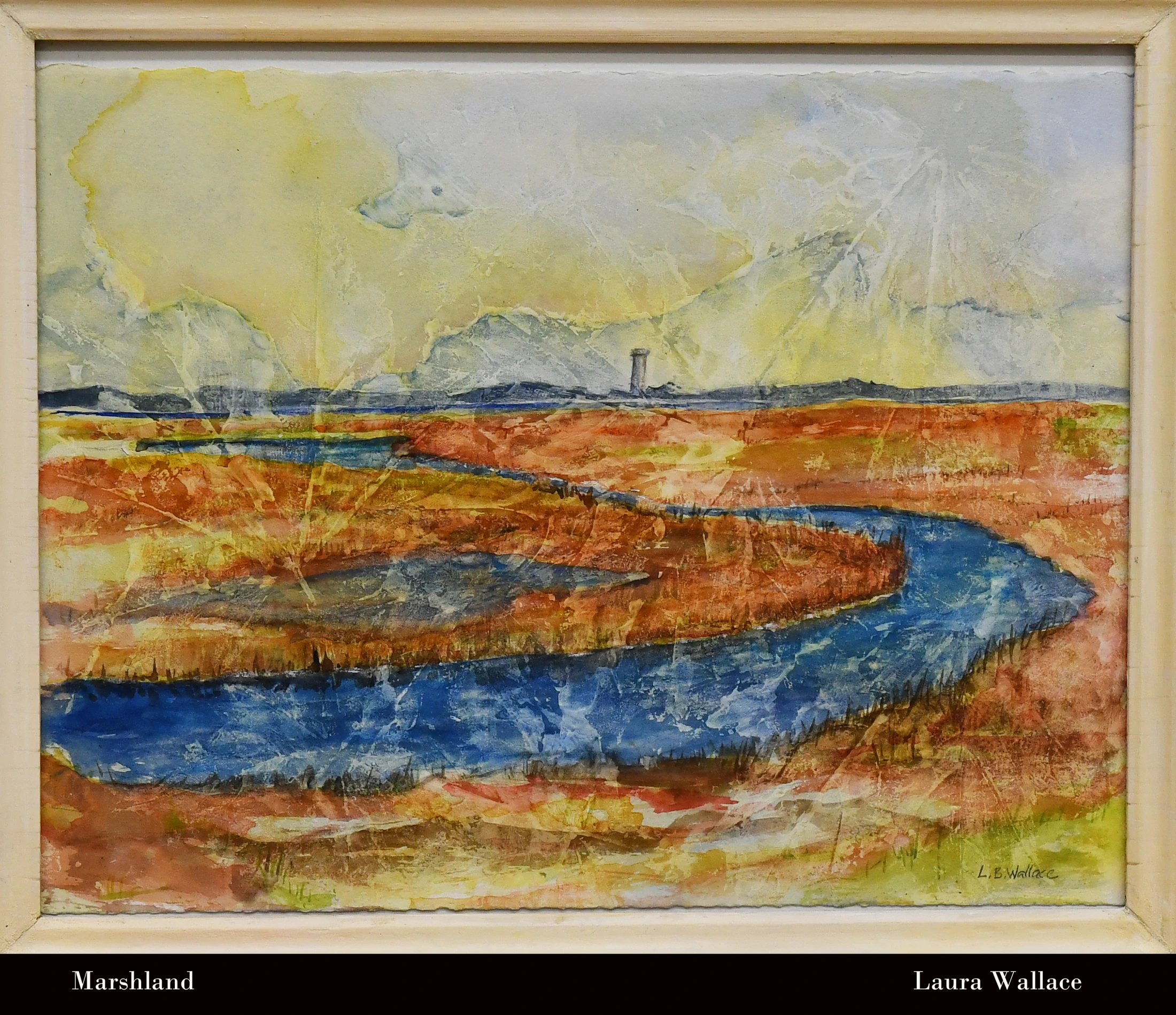 A framed, textured watercolor painting of a marshland. A deep blue river curves through fields of orange and yellow grass under a pale yellow and grey sky.