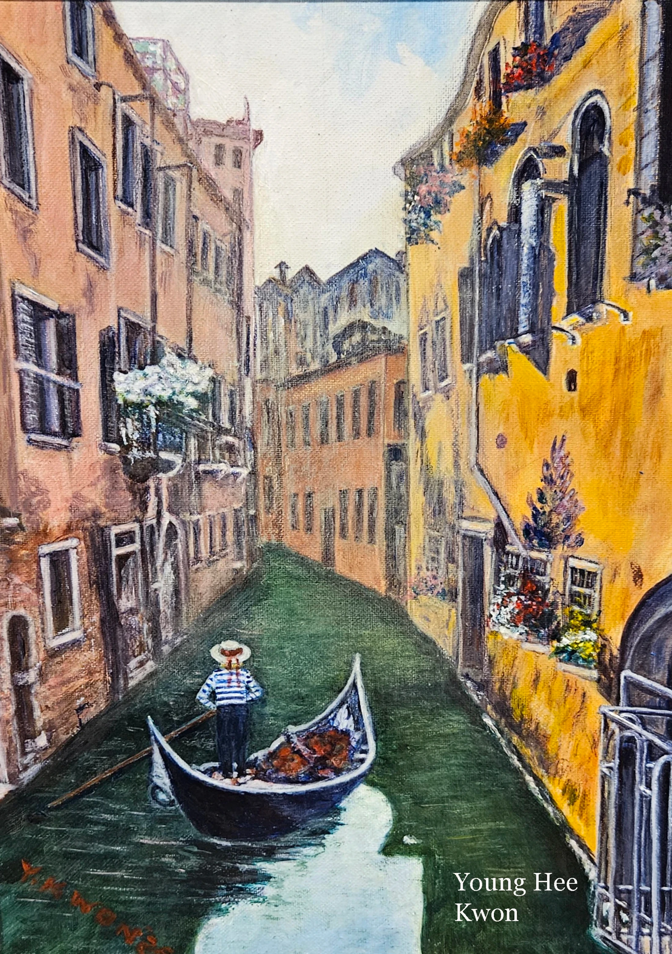 A painting shows a gondolier from behind, steering a gondola through a narrow canal in Venice, flanked by tall, colorful historic buildings.