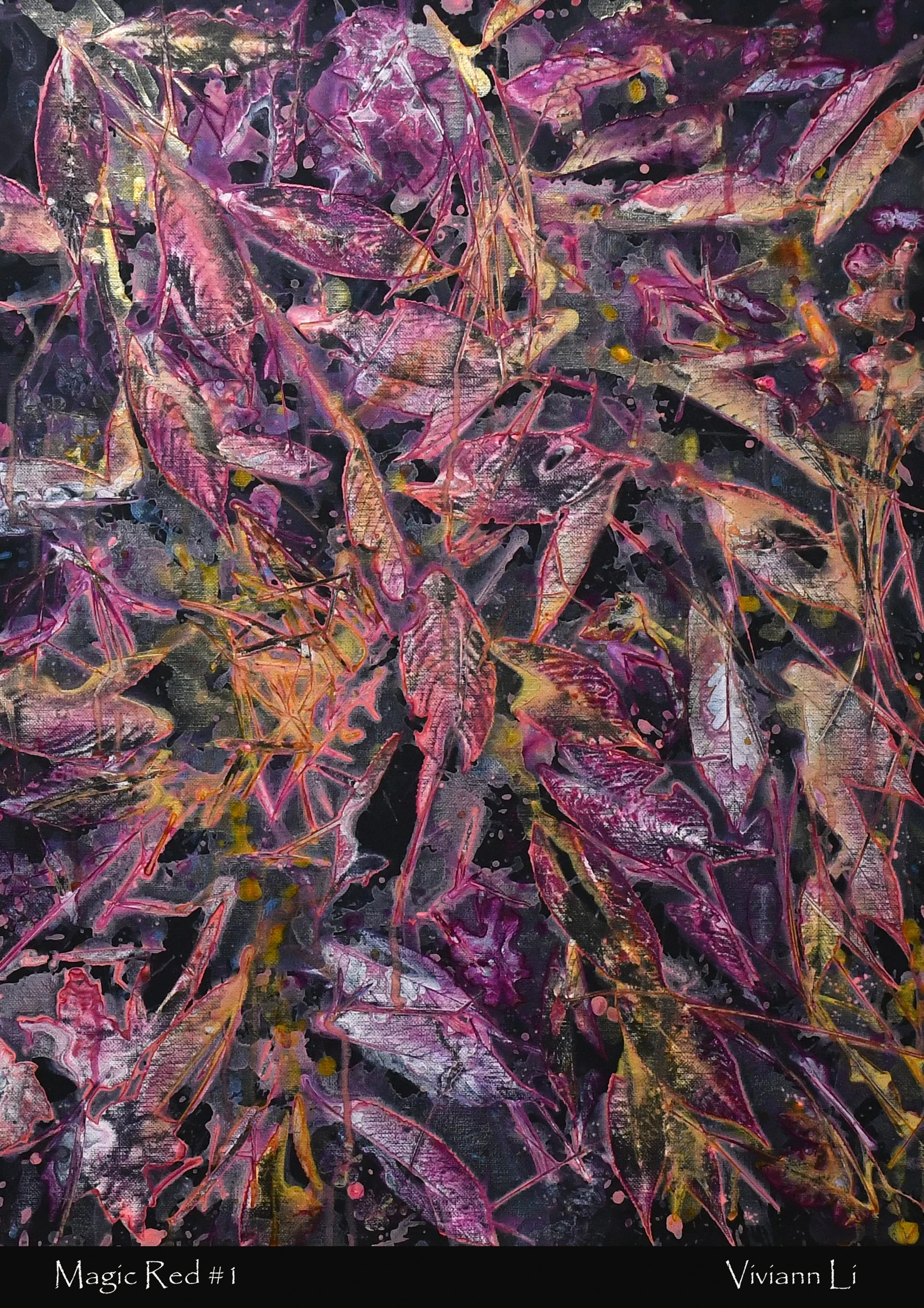 An abstract painting filled with overlapping leaf-like shapes in vibrant pinks, purples, and golds, set against a dark, textured background.