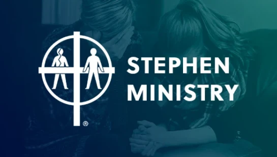 The Stephen Ministry logo, which shows a cross with a broken person and a whole person, is overlaid on a photo of someone offering comfort to another.