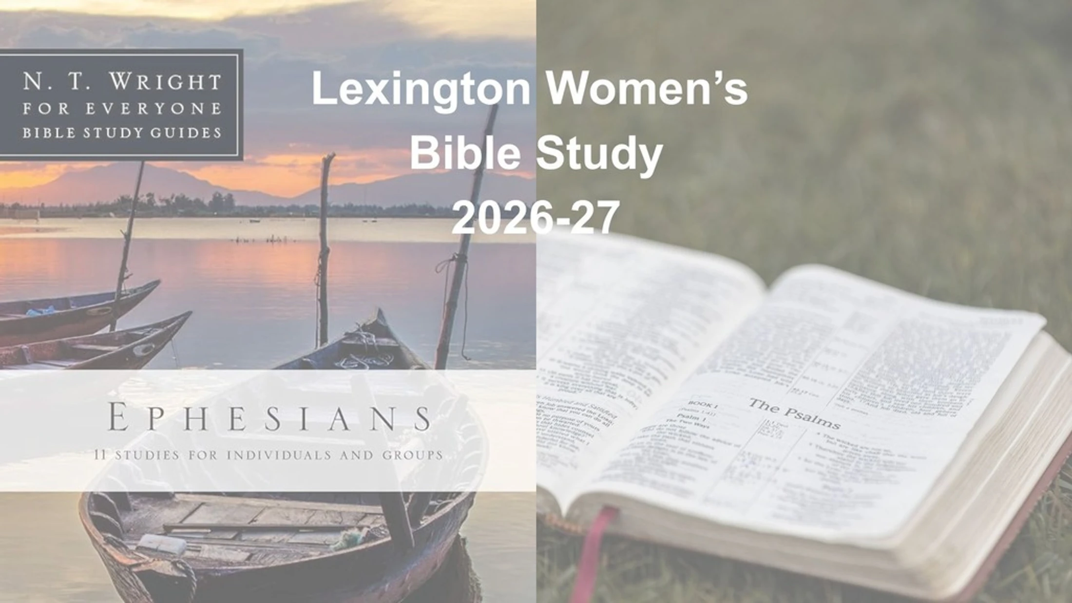 Promotional graphic for Lexington Women's Bible Study 2026-27, studying Ephesians. Split image shows boats at sunset and an open Bible.