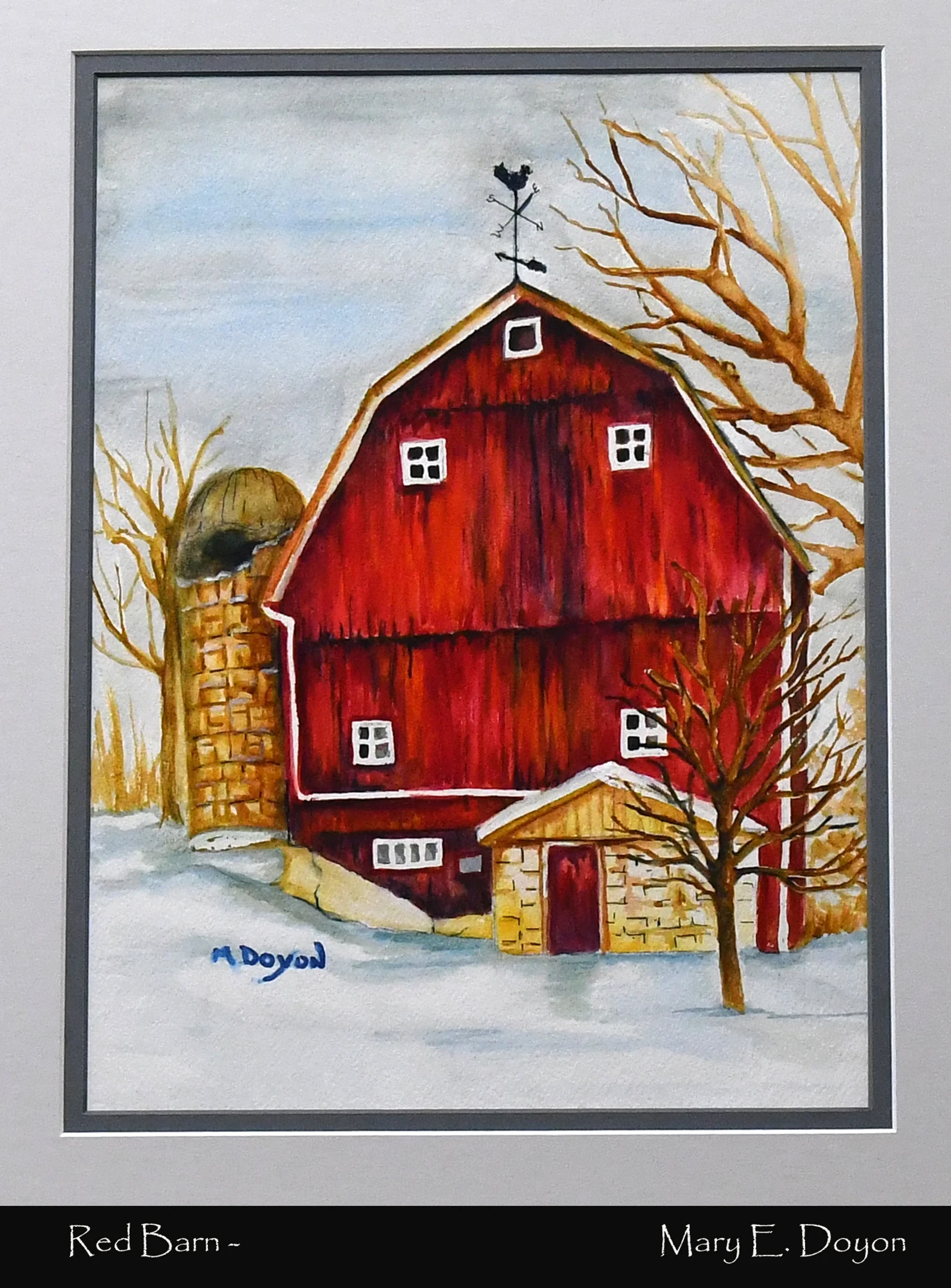 A watercolor painting of a large red barn and a stone silo in a snowy landscape. Bare trees stand nearby under a pale winter sky.