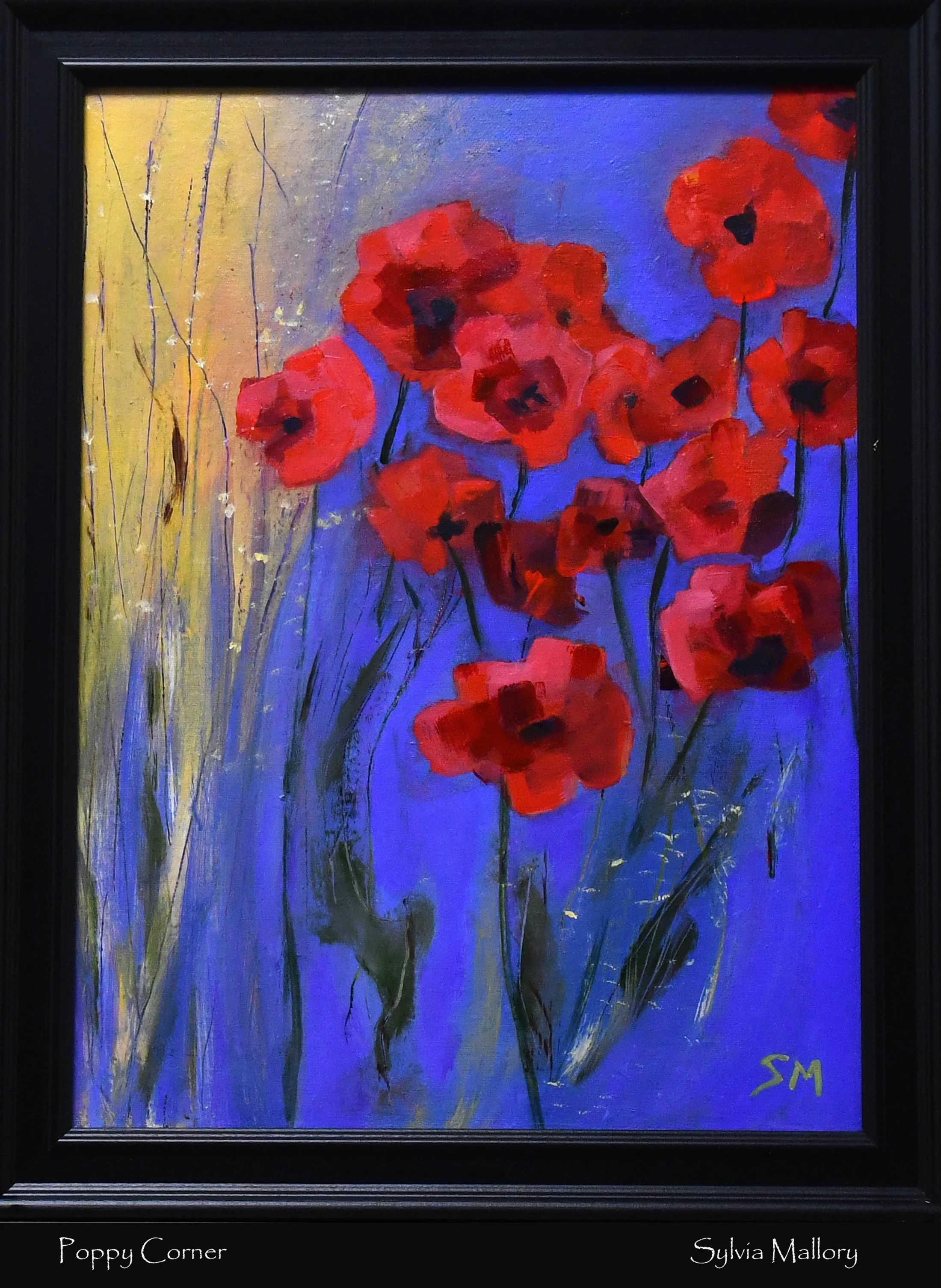 A framed painting of vibrant red poppies against a contrasting abstract background of bright blue and muted yellow. The artist's name is at the bottom.