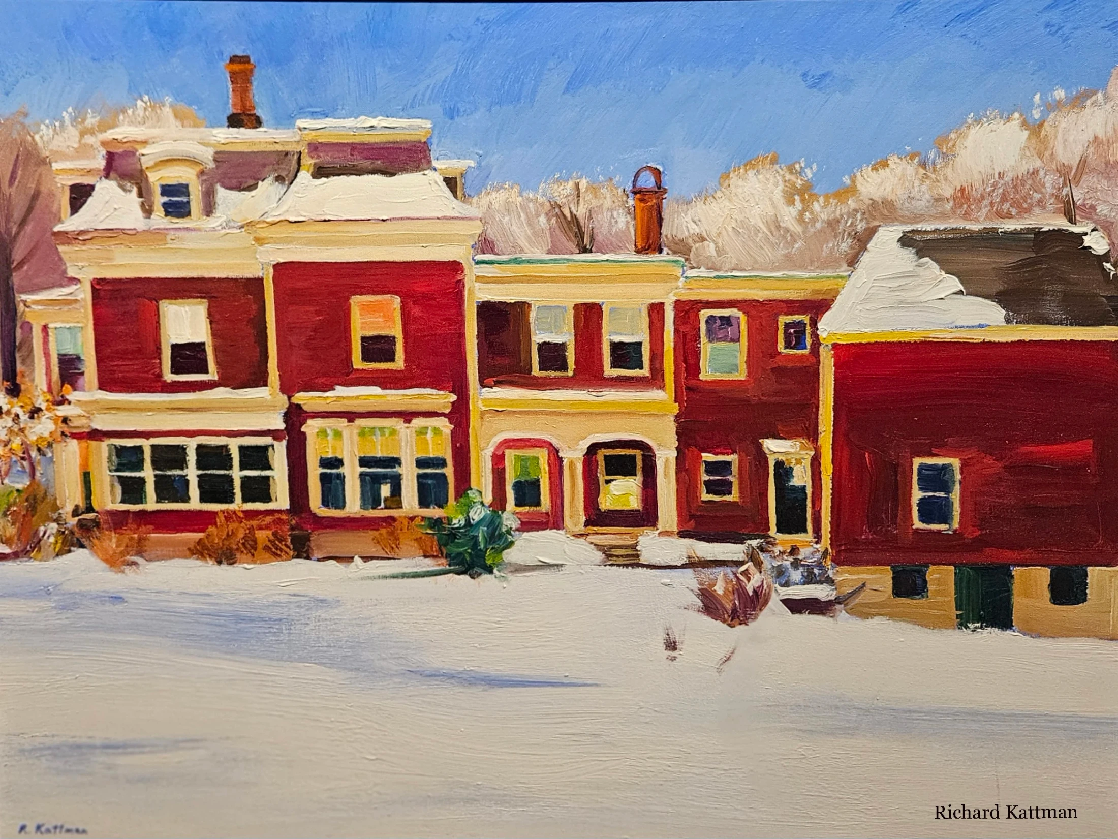 An impressionistic oil painting of a row of vibrant red houses with yellow trim, their roofs blanketed in thick white snow under a clear blue winter sky.