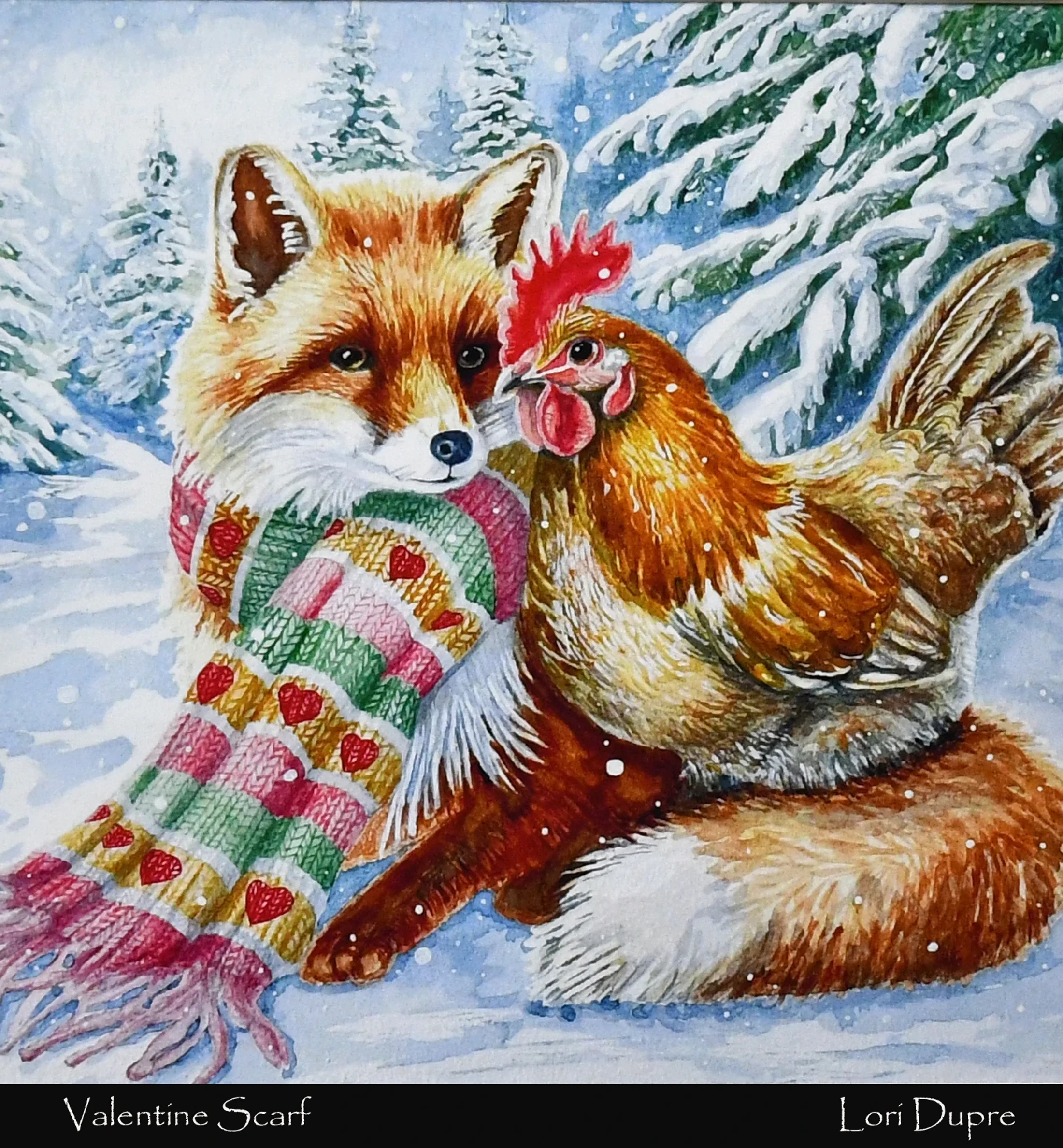 A watercolor painting of a red fox wearing a heart-patterned scarf, cuddling with a brown chicken in a snowy forest as it snows.