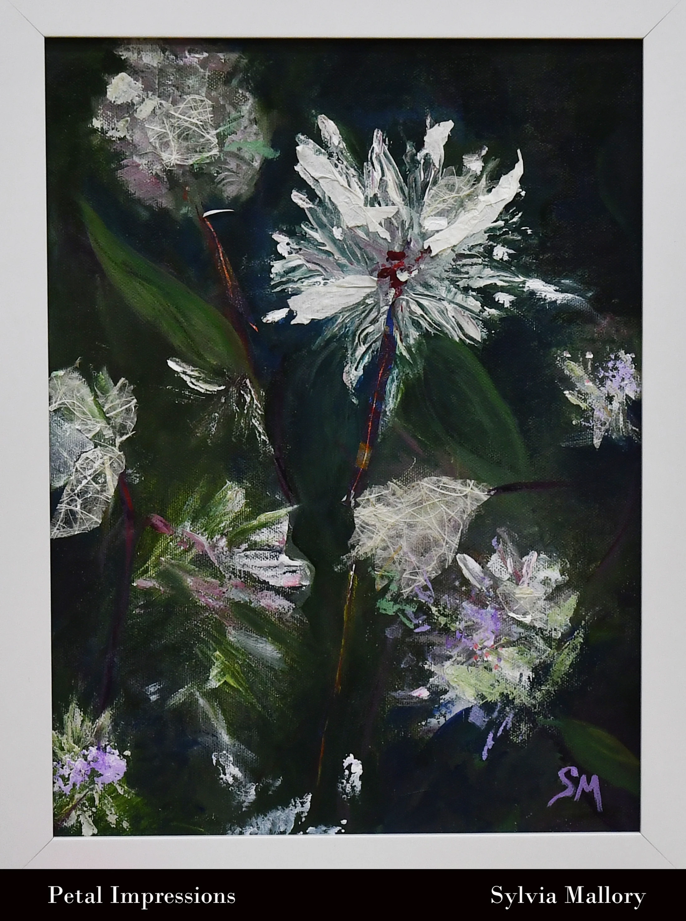 An impressionistic painting of abstract white flowers with textured, stringy petals against a dark green and black background, in a simple white frame.