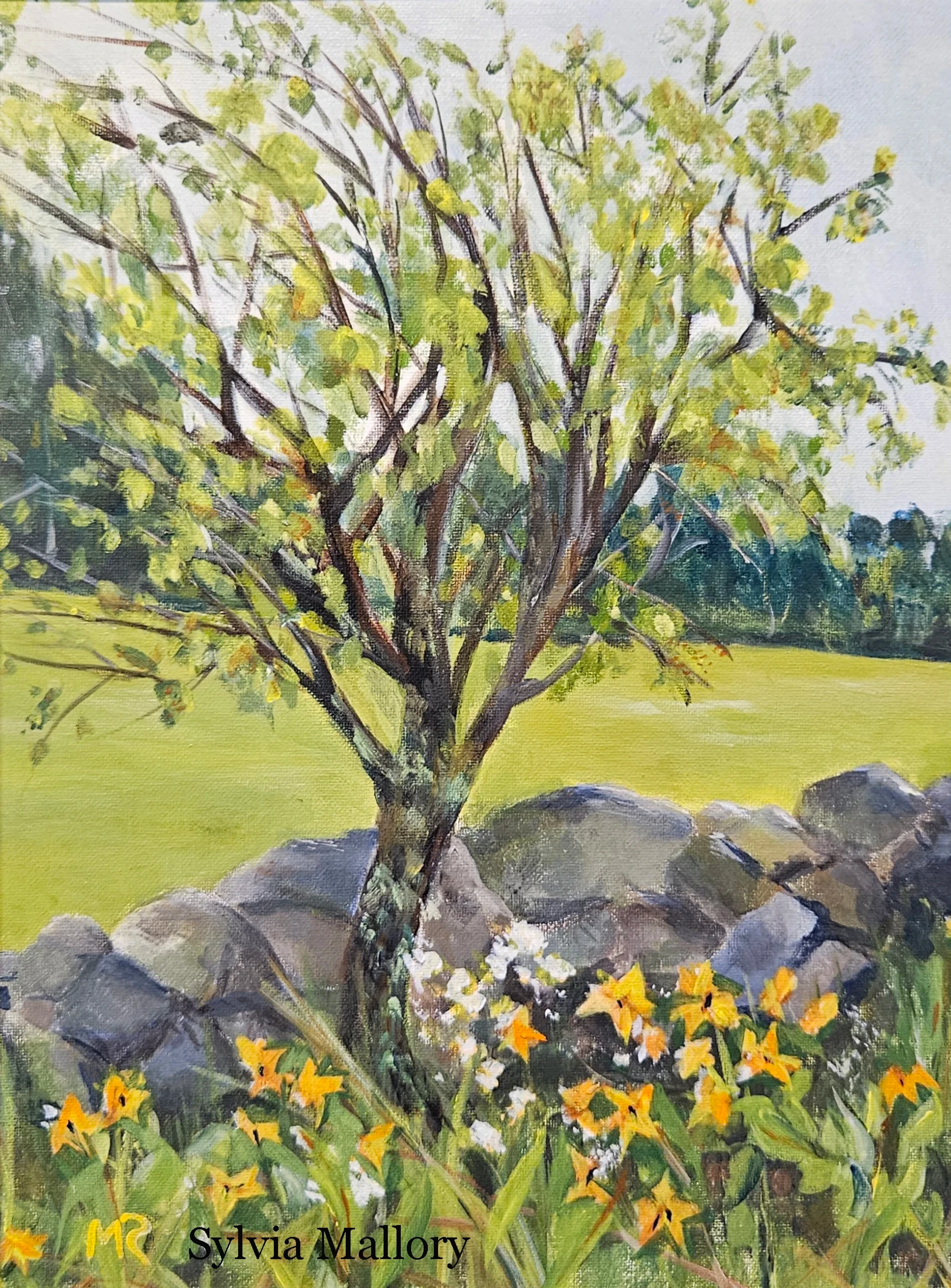 An impressionistic painting of a tree with green leaves next to a stone wall. In front are yellow and white wildflowers, with a green field behind.