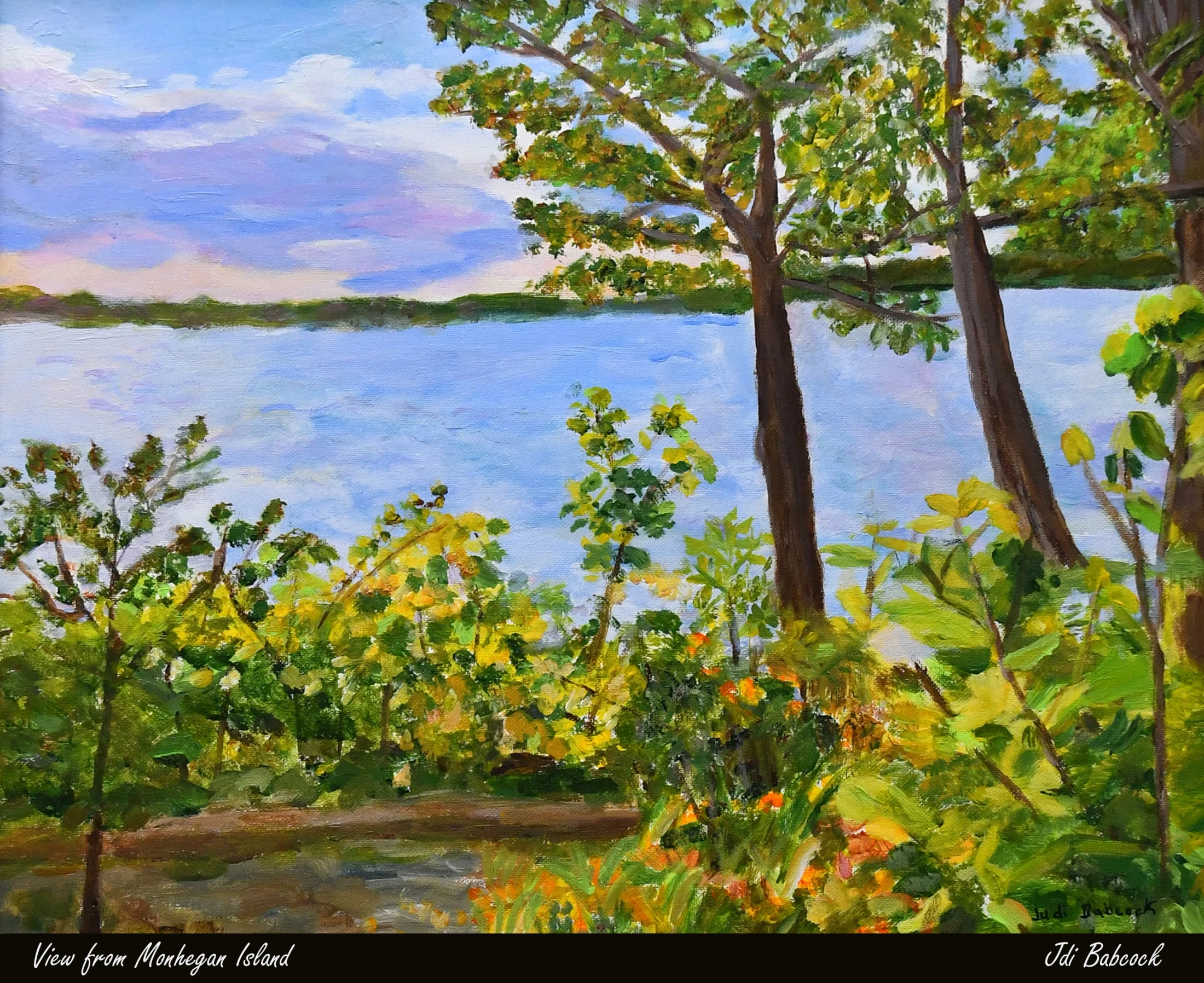 An impressionistic landscape painting of a view across blue water. Lush green and yellow foliage and trees frame the scene under a cloudy sky.