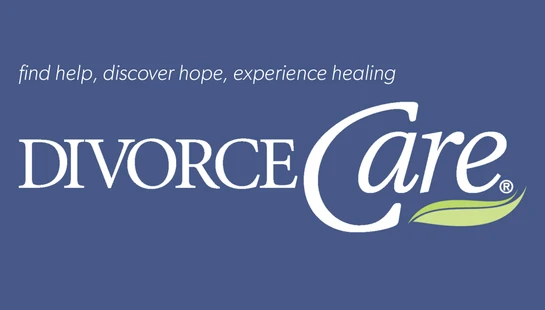 The DivorceCare logo in white text on a blue background. The tagline above reads, 'find help, discover hope, experience healing'.
