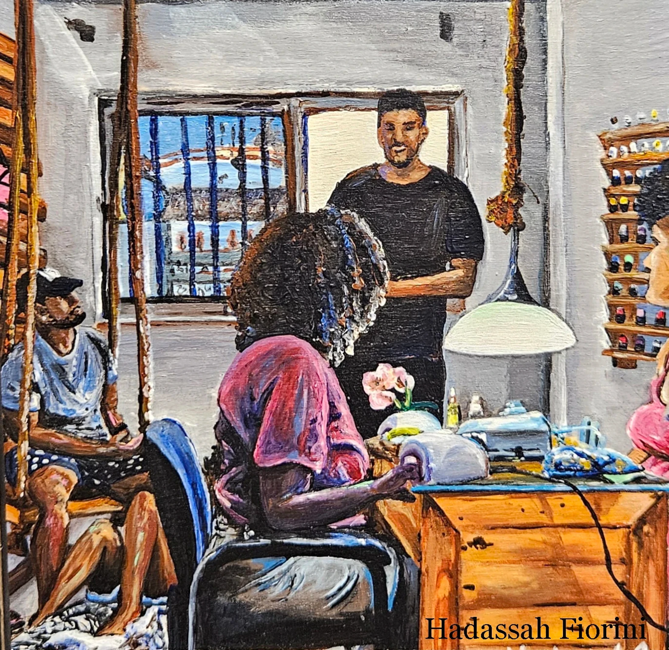 A painting of a busy room where a woman gets a manicure at a desk. Two men are in the background, one standing and another sitting on an indoor swing.