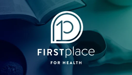 The First Place for Health logo on a blue and teal gradient background showing a person holding a mug next to an open book.