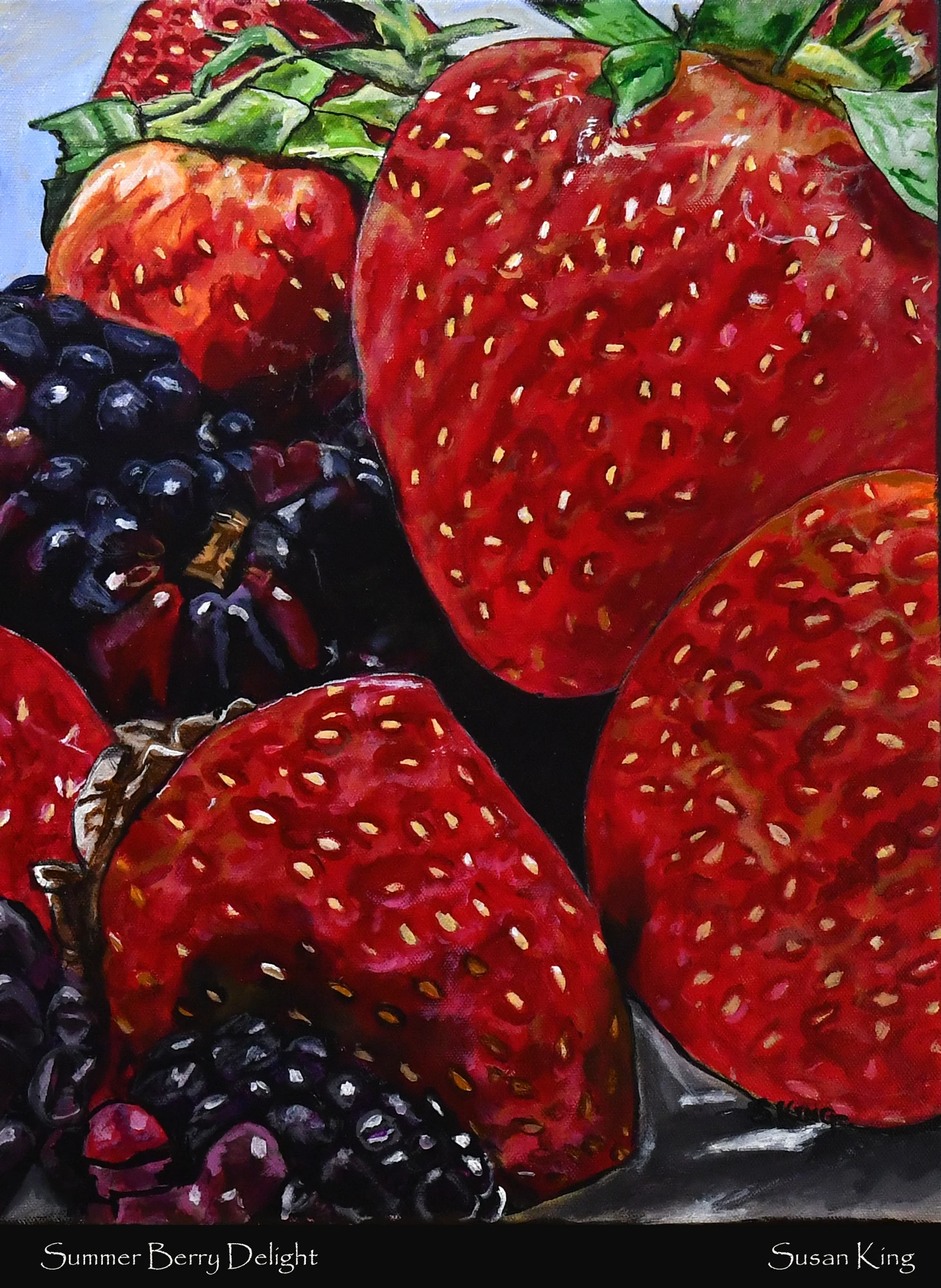 A vibrant, close-up painting of large, ripe red strawberries with green tops, nestled amongst a cluster of dark, shiny blackberries. The style is painterly.