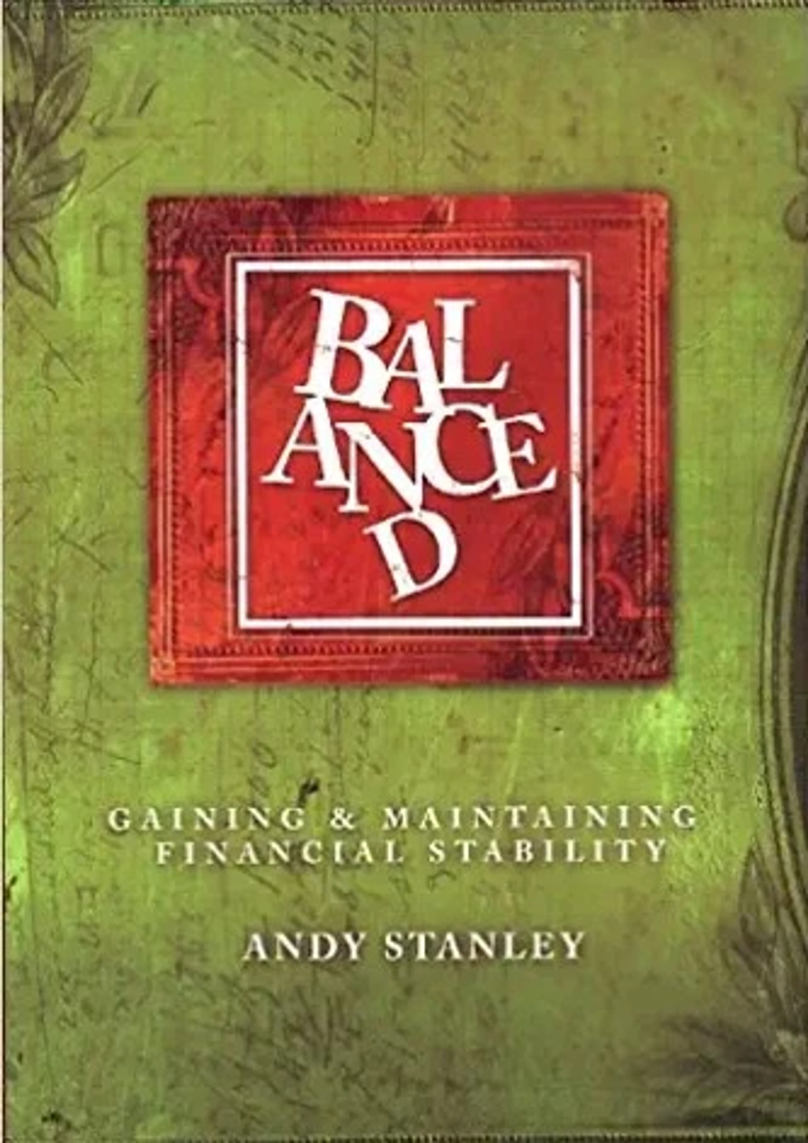 The book cover for 'Balanced' shows the title in white stylized letters on a red square, set against a distressed green background resembling money.