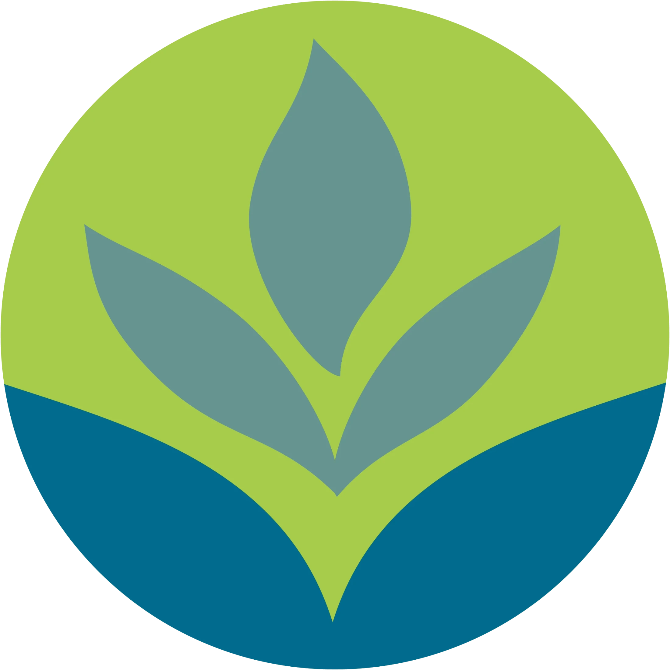 A circular logo featuring a stylized plant with three blue-green leaves. The plant grows from a blue base against a light green background.