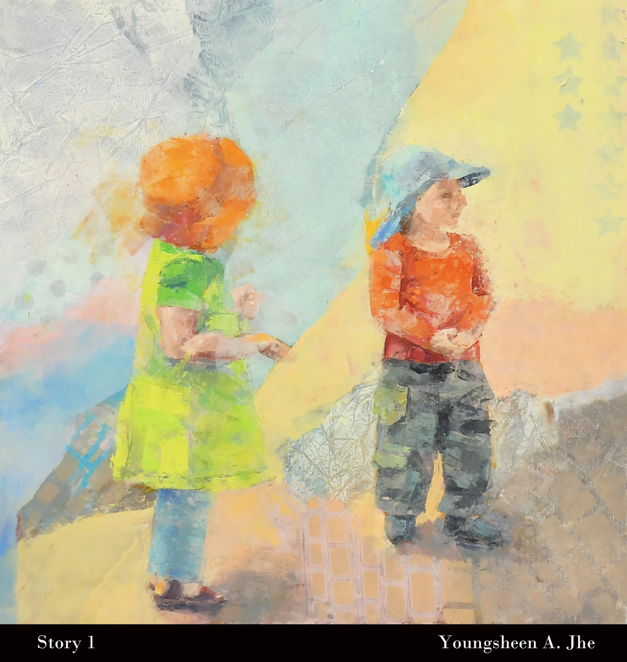 A mixed-media painting of two children. A girl with orange hair in a green dress stands near a boy in a blue cap and camo pants against an abstract background.