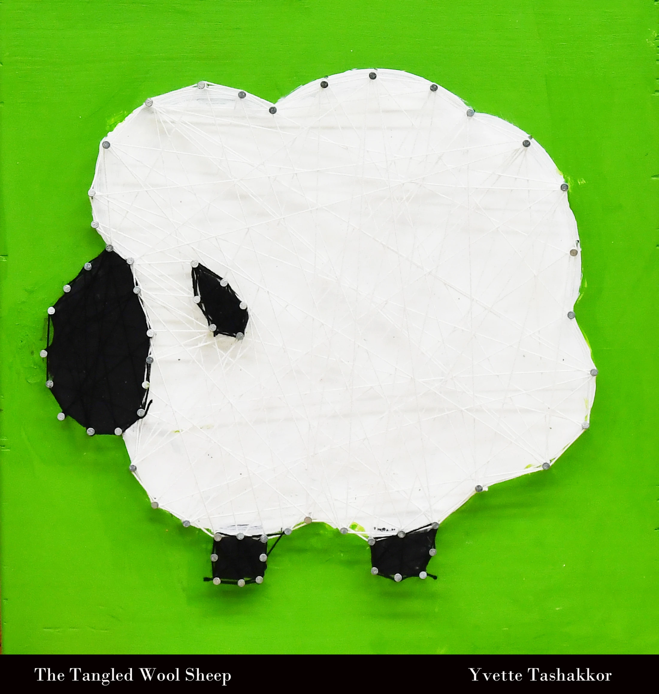 A piece of string art depicting a fluffy white sheep with a black face and legs, set against a vibrant green painted wooden background.
