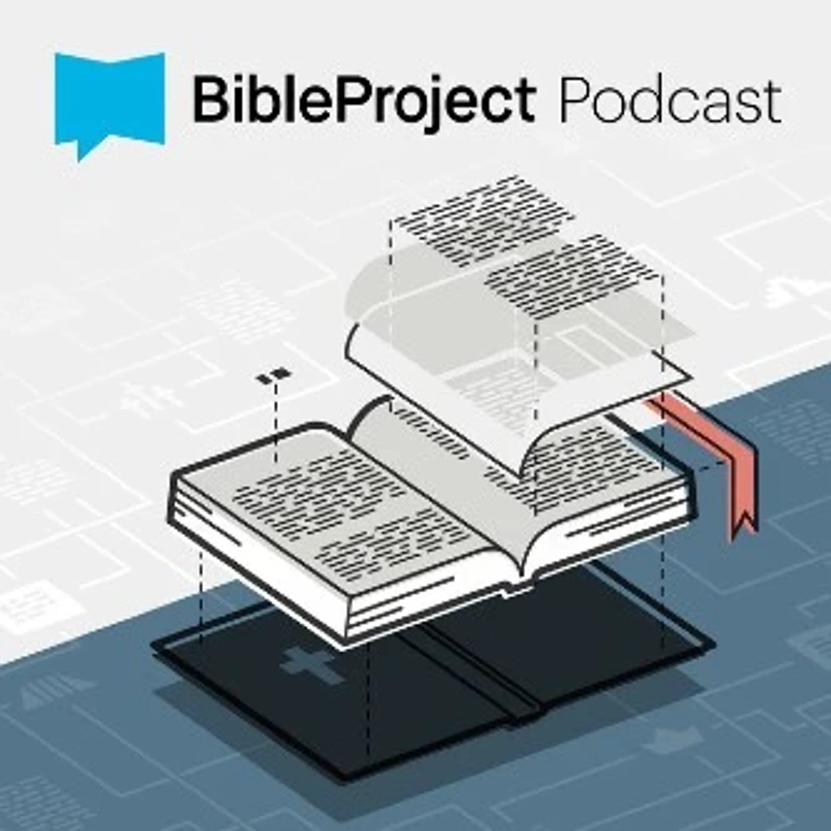The logo for the BibleProject Podcast, featuring a stylized, deconstructed open book over a modern, technical-looking background.