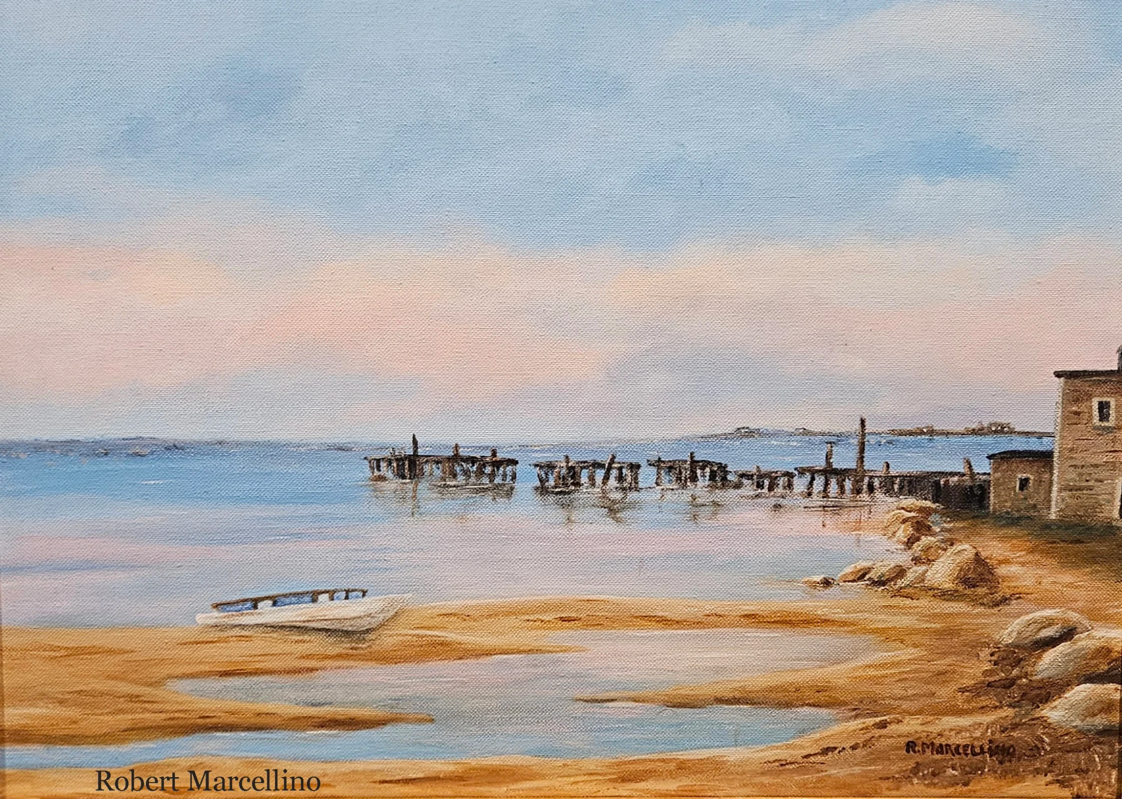 A landscape painting of a tranquil shore with a beached boat, a dilapidated wooden pier in the calm water, and a soft pink and blue sky at dusk or dawn.