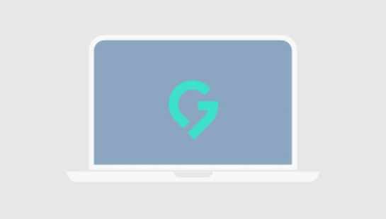 A minimalist illustration of a laptop with a blue screen, displaying a teal logo that combines the letter 'G' with a location pin.