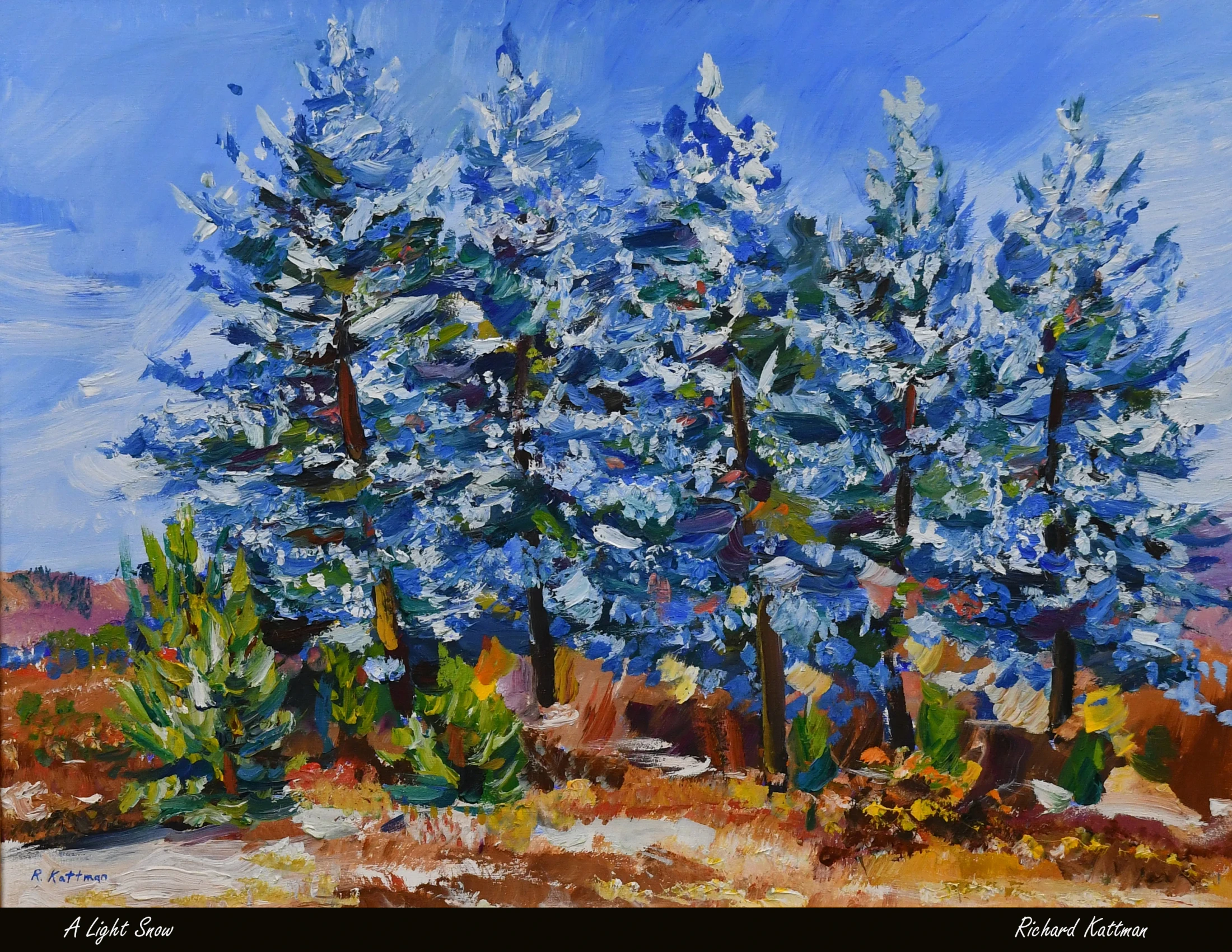 An impressionistic oil painting of a stand of pine trees covered in a light snow. The trees are rendered in shades of blue and white against a clear blue sky.