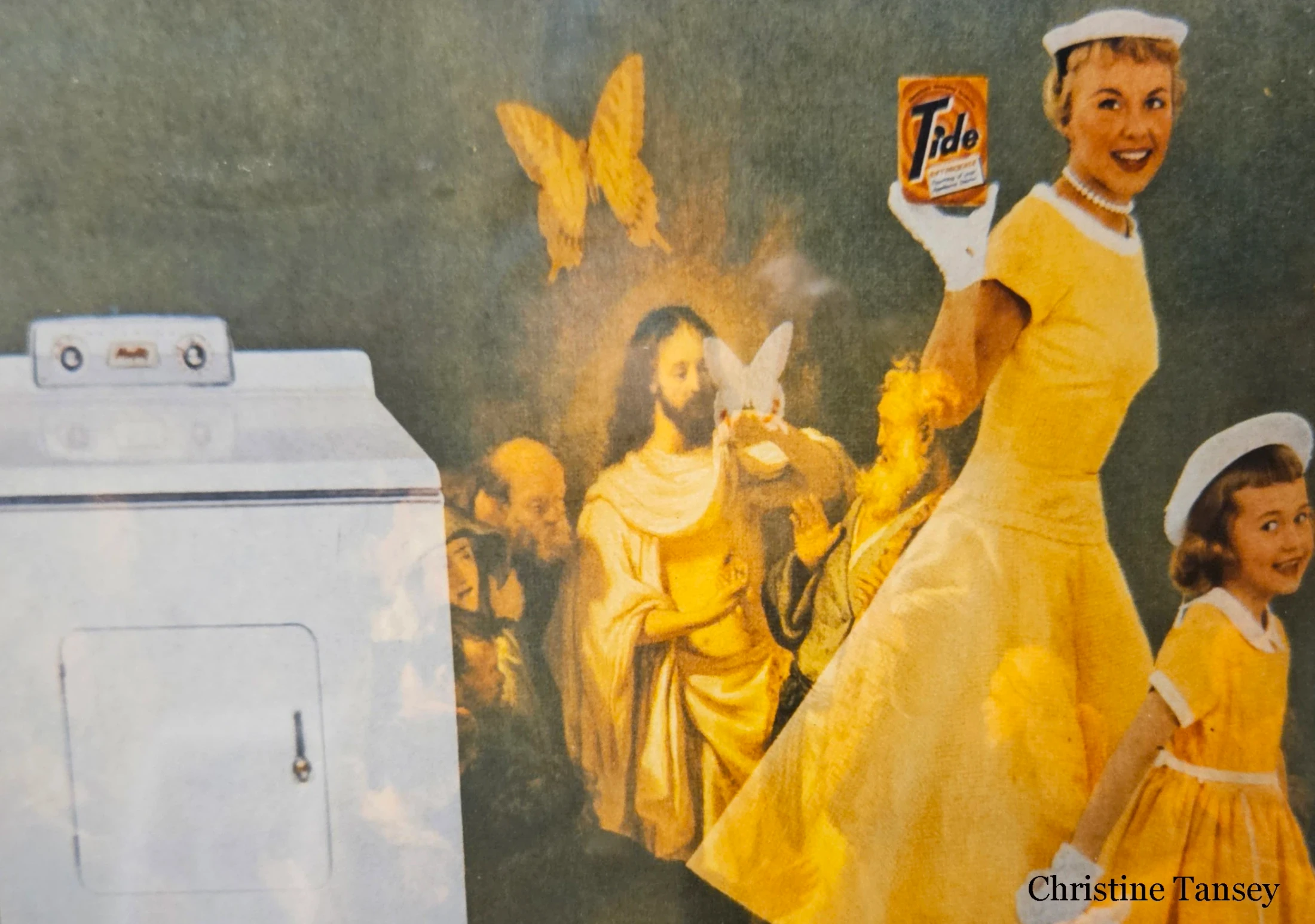A surreal collage featuring a 1950s woman with Tide detergent and a washing machine, juxtaposed with a religious painting of Jesus Christ and a butterfly.