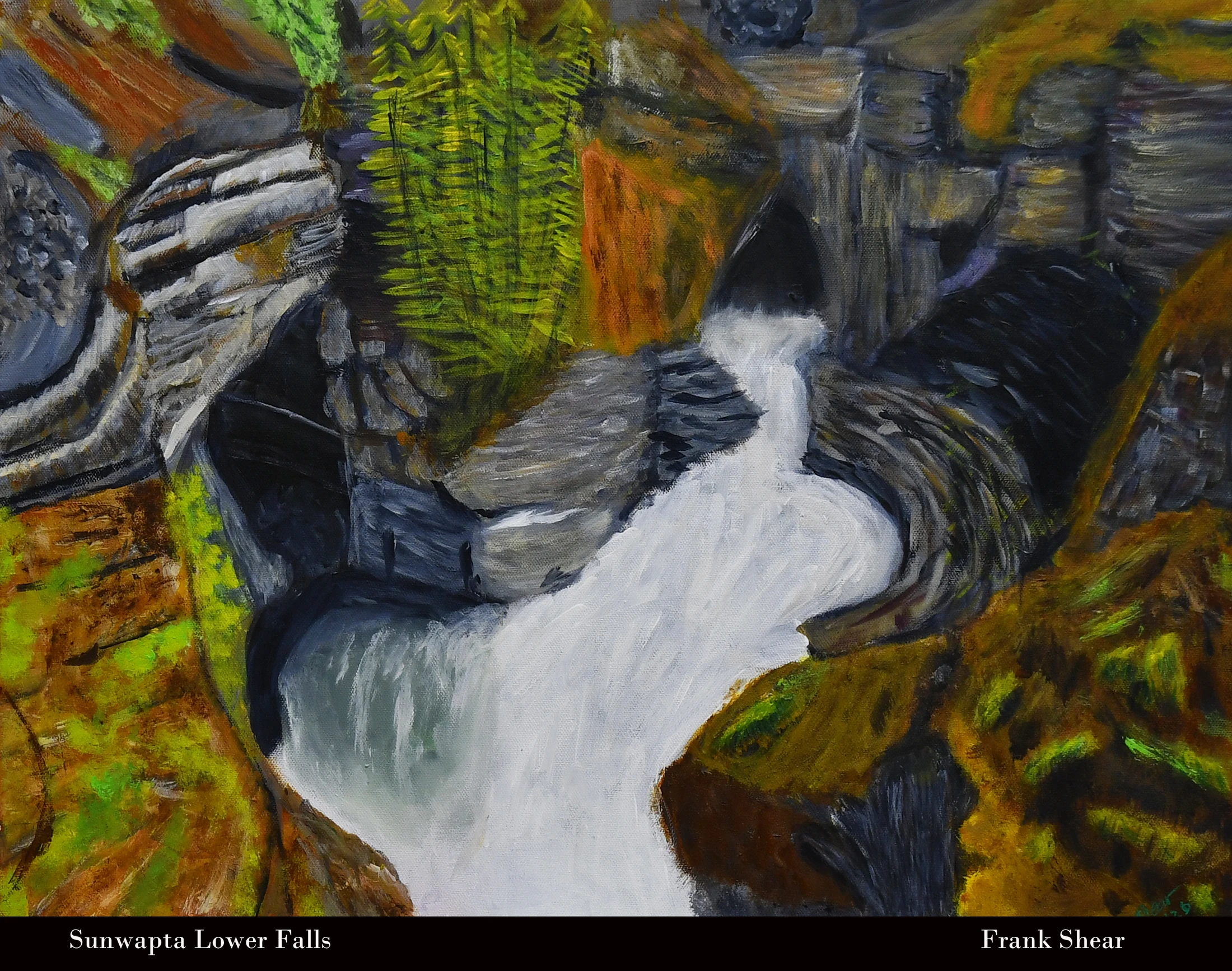 An expressive painting of a powerful white waterfall carving its way through a deep, rocky canyon with earthy green and brown tones.