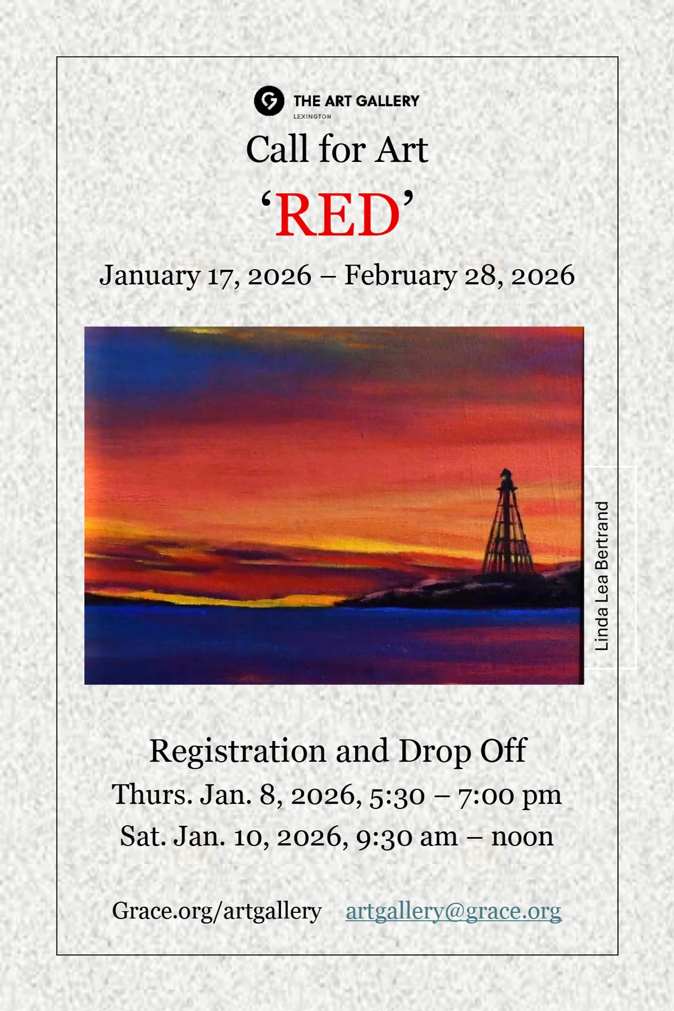 A poster for 'Call for Art' for an exhibition titled 'RED'. It features a painting of a vibrant red sunset over water with a tower and lists dates for 2026.