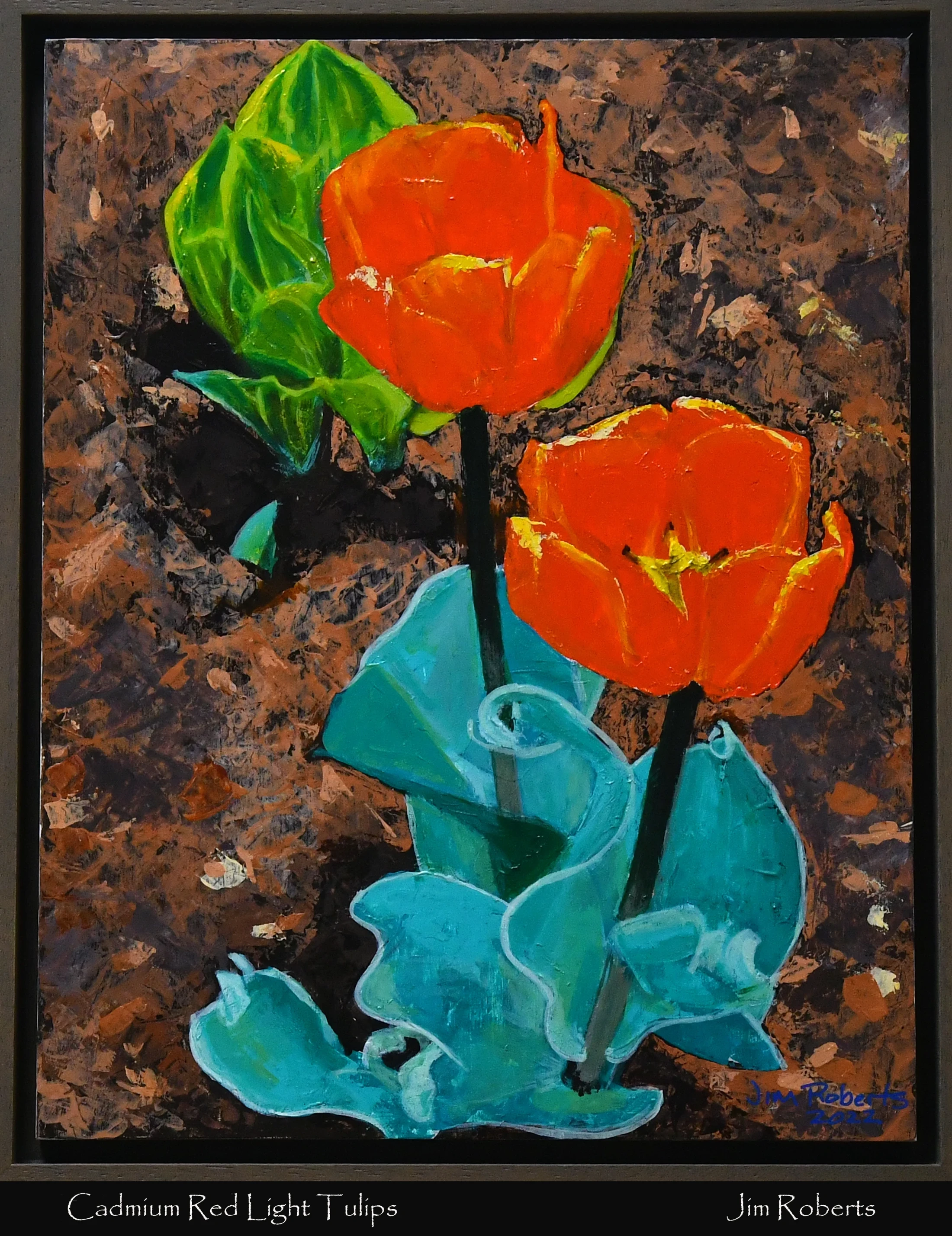 A vibrant, textured painting of two bright orange-red tulips with bold green and turquoise leaves against a dark, abstract brown background.
