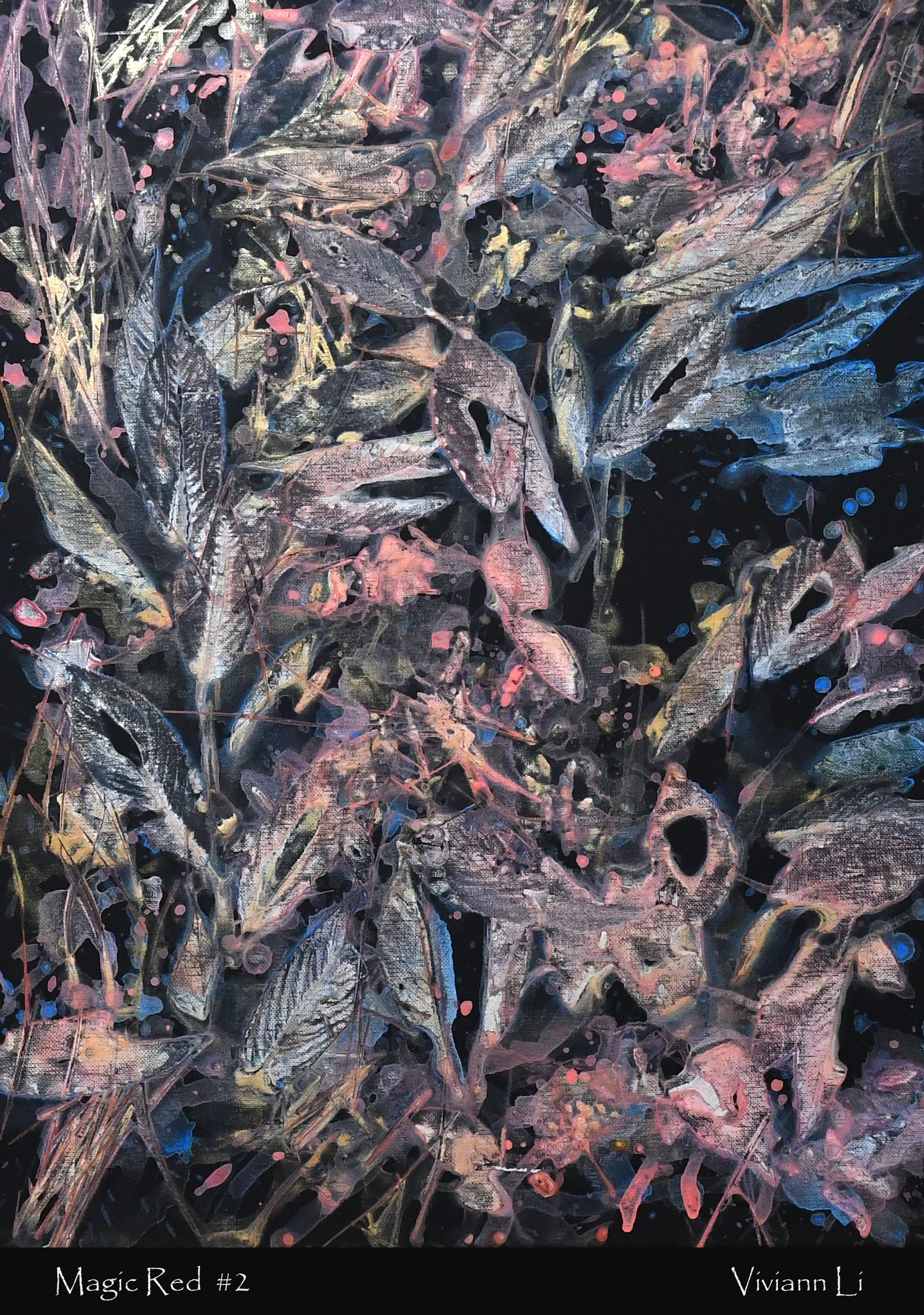 An abstract painting on a black background. It features layered, textured leaf-like shapes in white and grey, with splatters of pink, blue, and yellow paint.