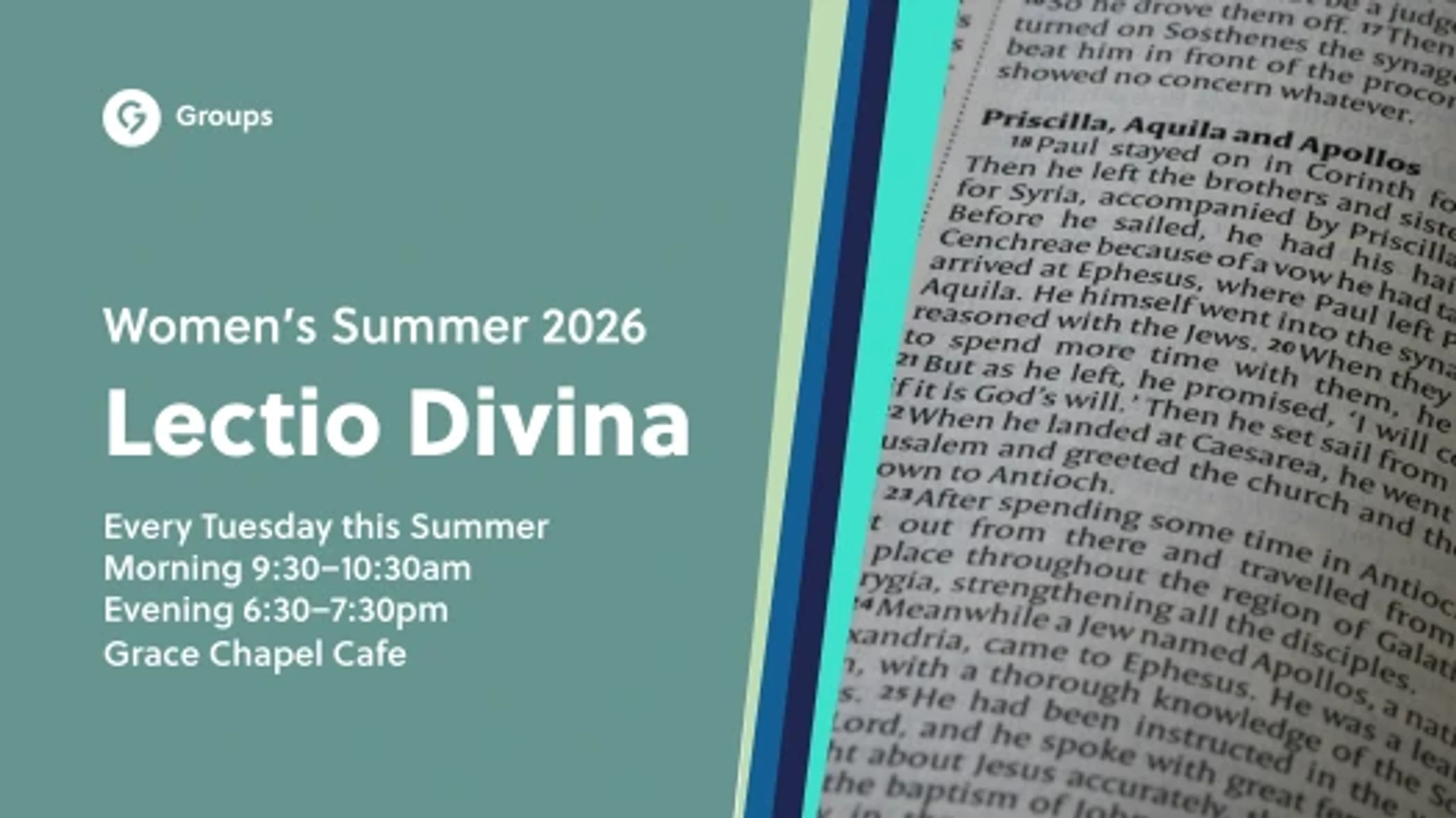 A promotional graphic for a women's summer event called Lectio Divina, with event times listed next to a close-up image of a Bible page.