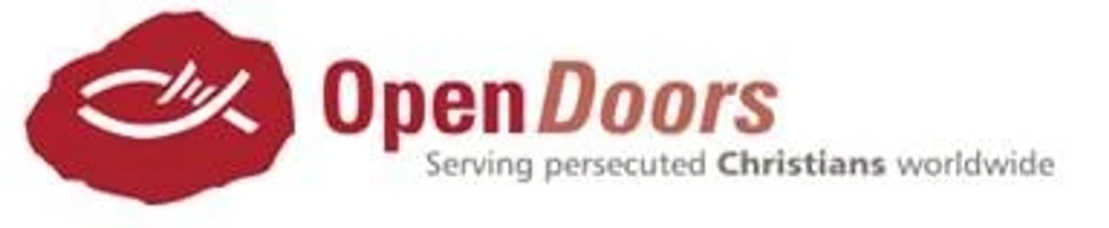 The logo for Open Doors, a Christian ministry. It features a red shape with a fish symbol alongside the text 'Serving persecuted Christians worldwide'.